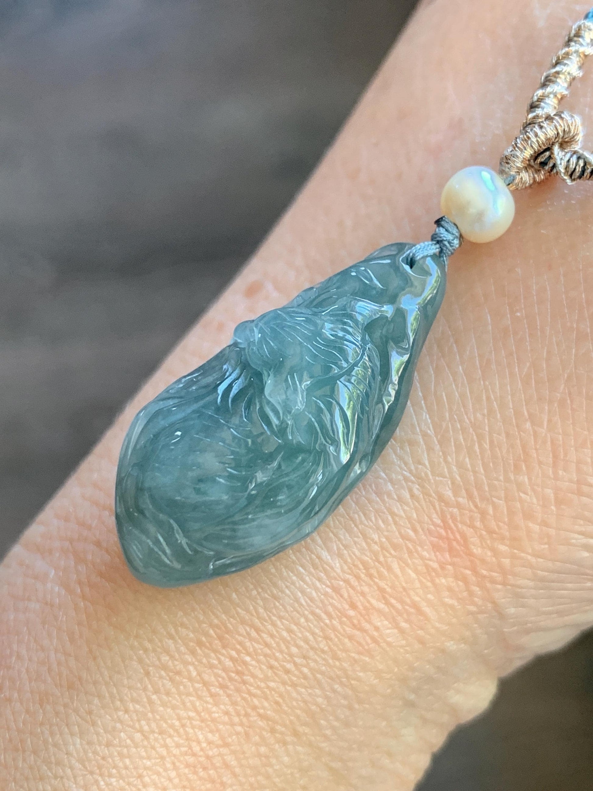 Natural Guatemalan Icy Translucent Teal Blue Jadeite Sleeping Fox Cherry Blossom Pendant Double Sided Rope Necklace 天然冰危蓝翡翠睡狐梅花枝双面雕吊坠 A