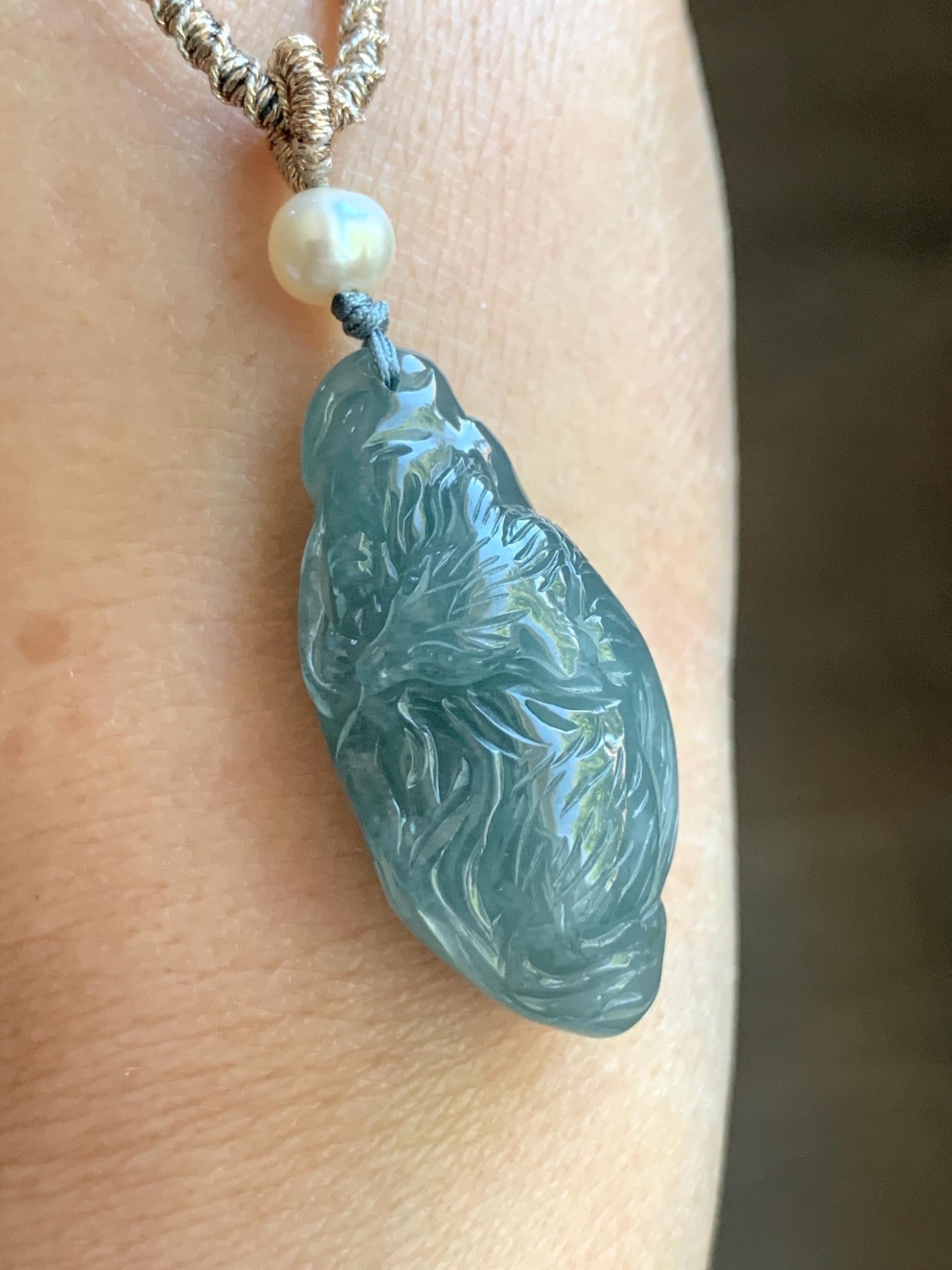 Natural Guatemalan Icy Translucent Teal Blue Jadeite Sleeping Fox Cherry Blossom Pendant Double Sided Rope Necklace 天然冰危蓝翡翠睡狐梅花枝双面雕吊坠 A