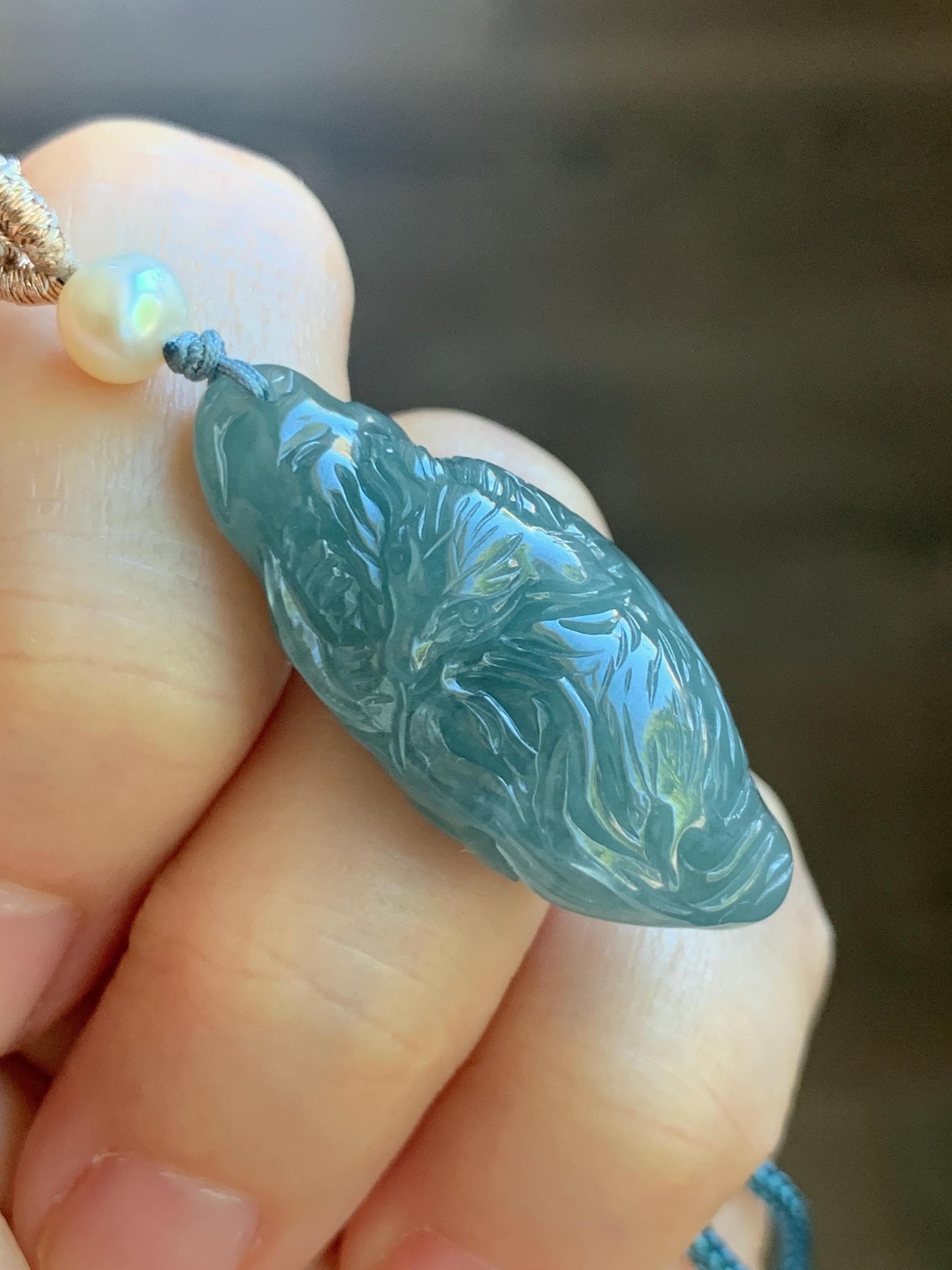 Natural Guatemalan Icy Translucent Teal Blue Jadeite Sleeping Fox Cherry Blossom Pendant Double Sided Rope Necklace 天然冰危蓝翡翠睡狐梅花枝双面雕吊坠 A