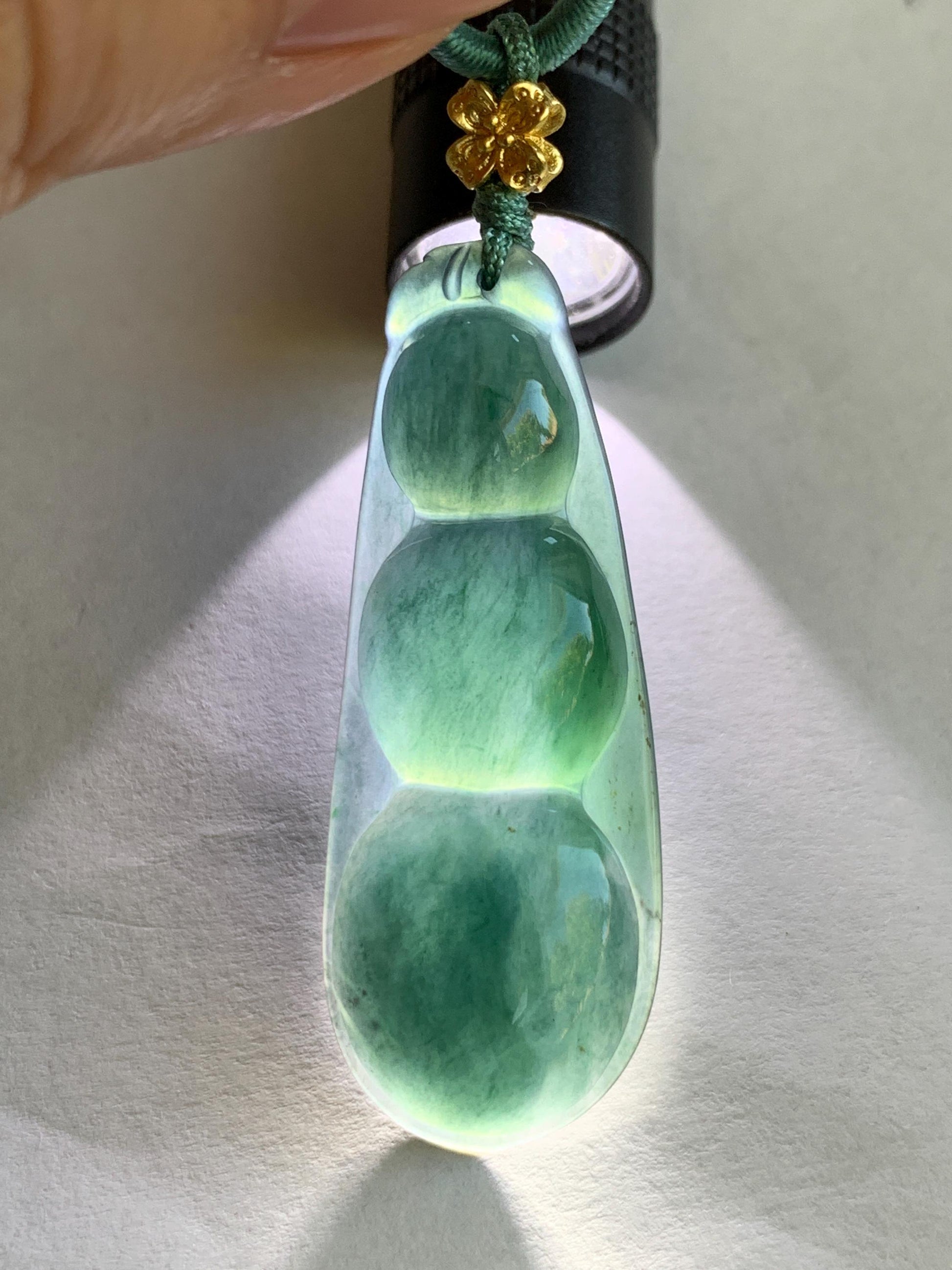 Natural Guatemalan Icy Translucent Dark Teal Blue Jadeite Large Peapod Pendant Rope Necklace 26” Adjustable 8g 天然冰危深蓝翡翠福豆吊坠