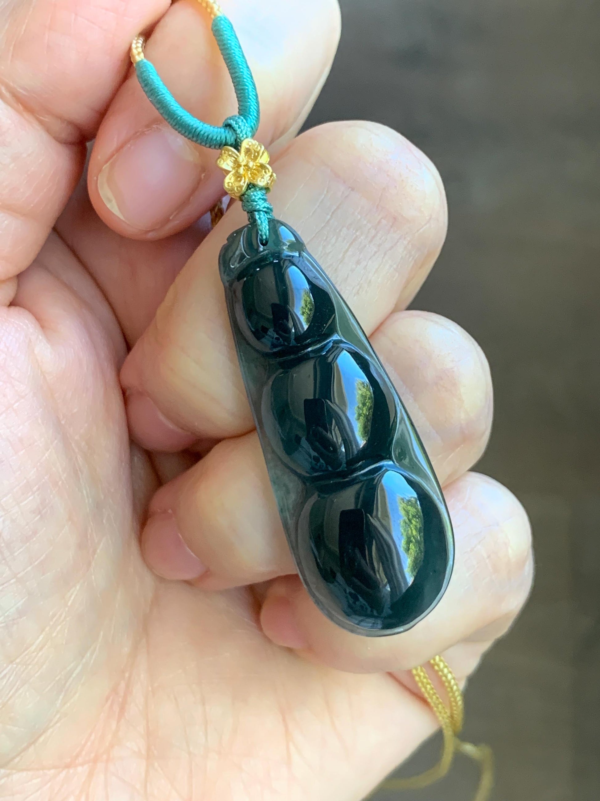 Natural Guatemalan Icy Translucent Dark Teal Blue Jadeite Large Peapod Pendant Rope Necklace 26” Adjustable 8g 天然冰危深蓝翡翠福豆吊坠