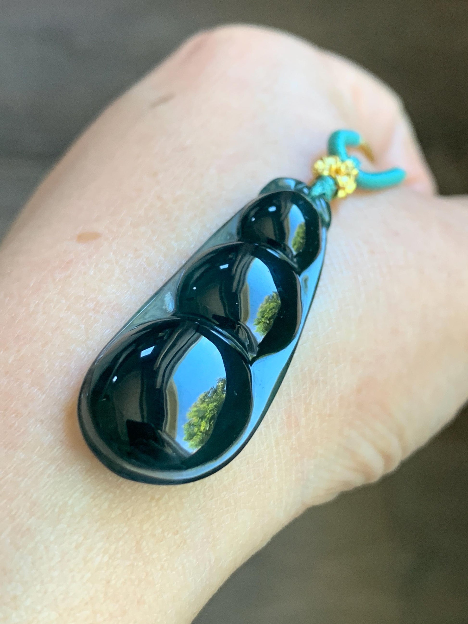 Natural Guatemalan Icy Translucent Dark Teal Blue Jadeite Large Peapod Pendant Rope Necklace 26” Adjustable 8g 天然冰危深蓝翡翠福豆吊坠