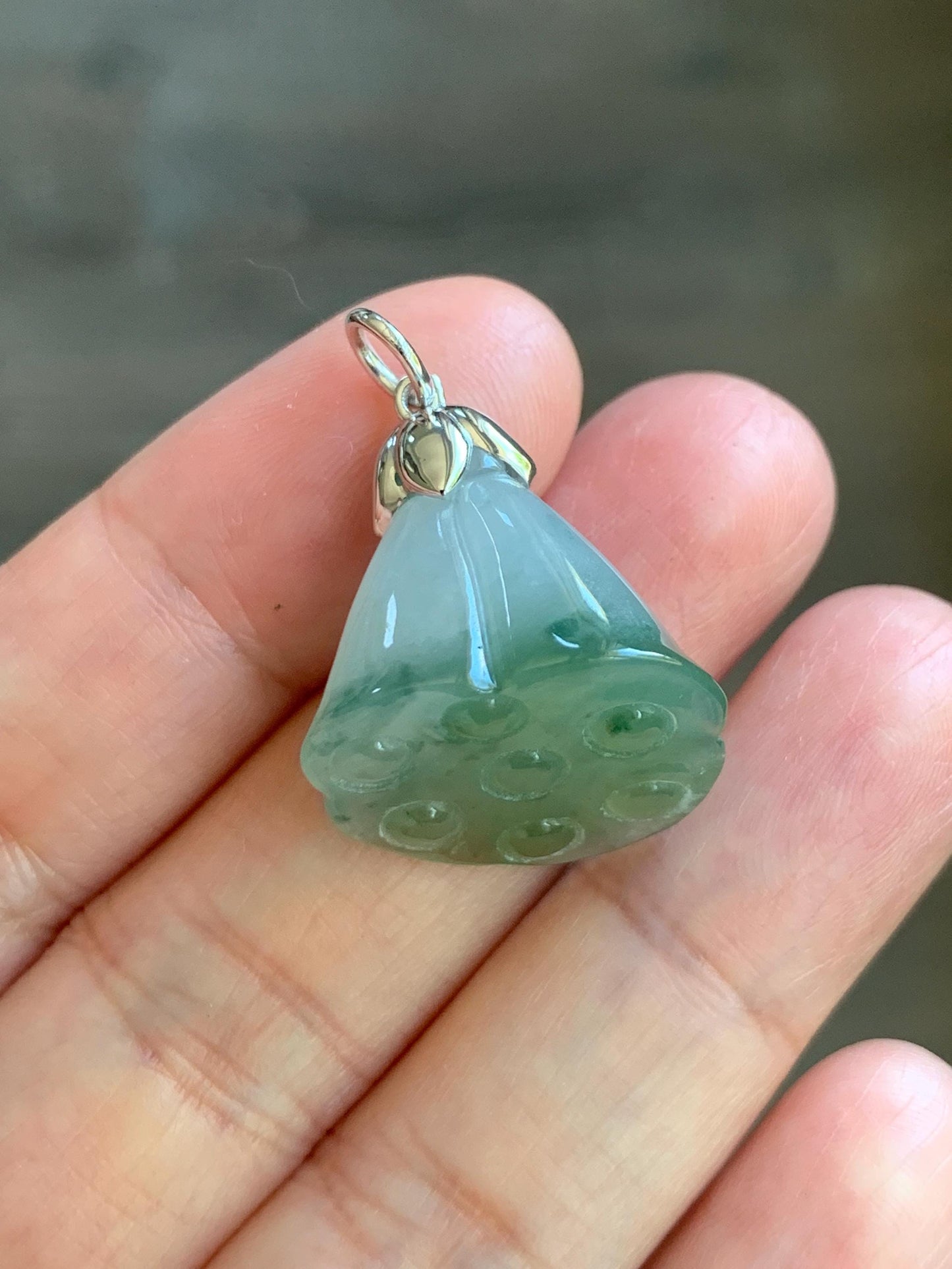 Certified Natural Burmese Icy Translucent Gelatinous Light Green Marbled Jadeite Lotus Pod Pendant 18K White Gold 天然缅甸冰胶晴底飘花翡翠莲蓬镶嵌吊坠 8615