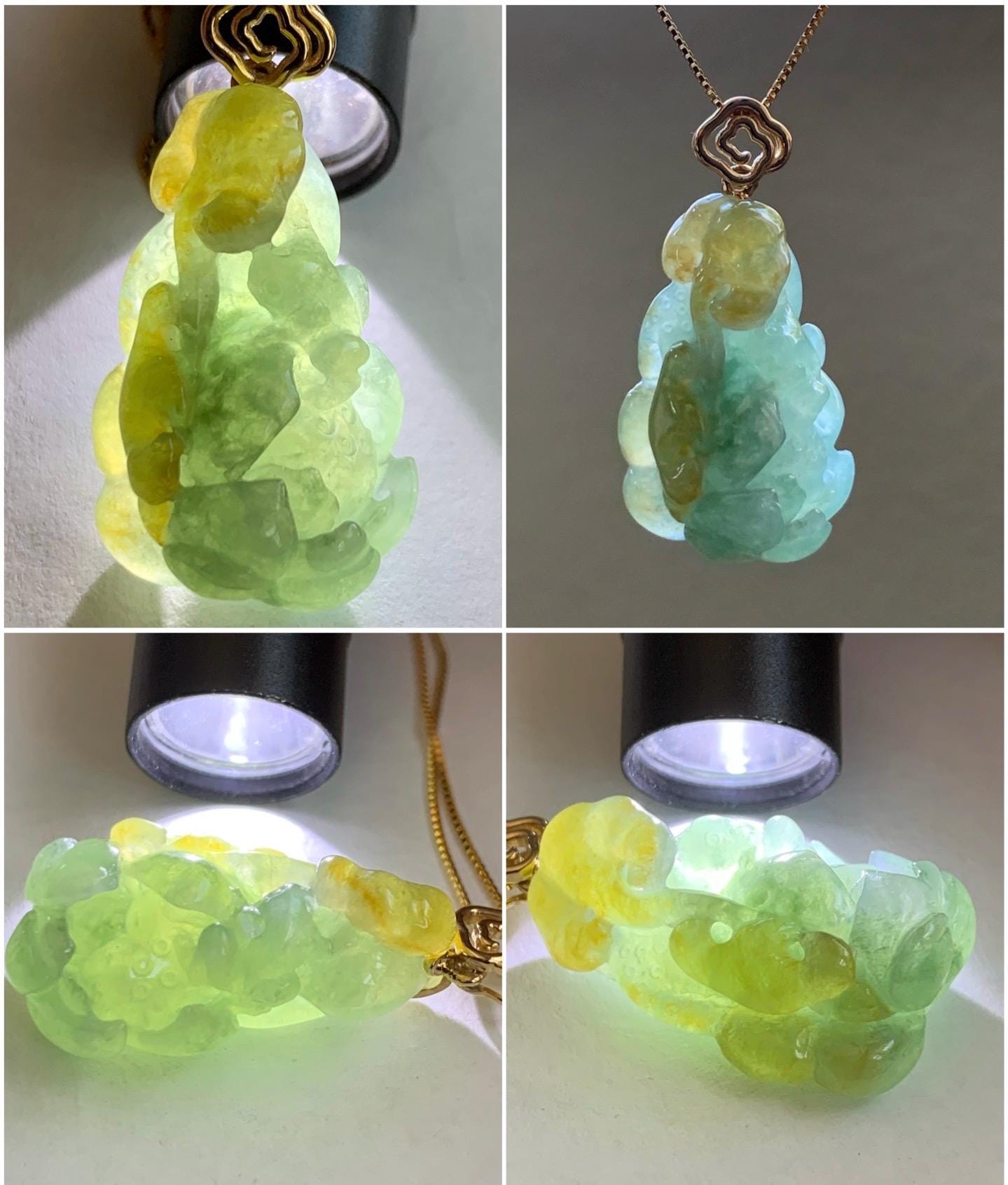 Certified Natural Burmese Icy Translucent Light Green Yellow Bicolored Jadeite Lotus Flower Ruyi Pendant 18K Yellow Gold 天然缅甸冰晴加黄翡翠莲花如意镶嵌吊坠