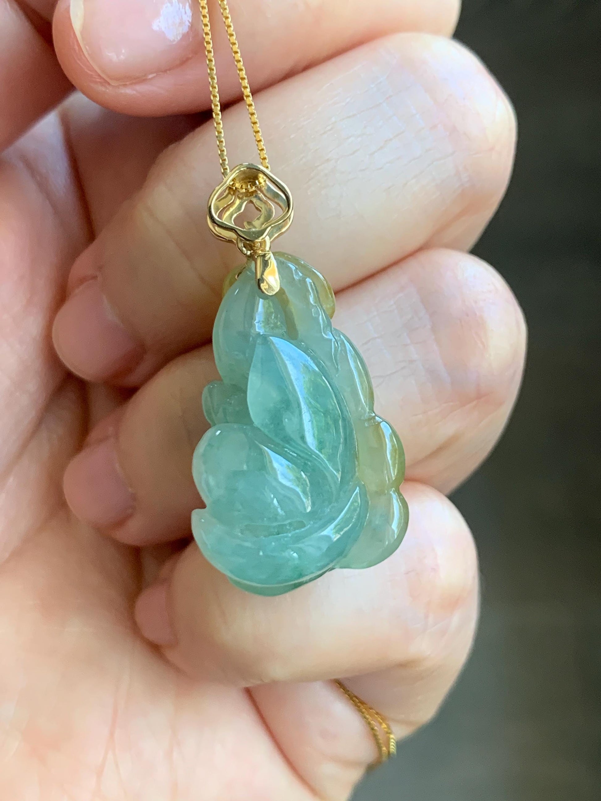 Certified Natural Burmese Icy Translucent Light Green Yellow Bicolored Jadeite Lotus Flower Ruyi Pendant 18K Yellow Gold 天然缅甸冰晴加黄翡翠莲花如意镶嵌吊坠