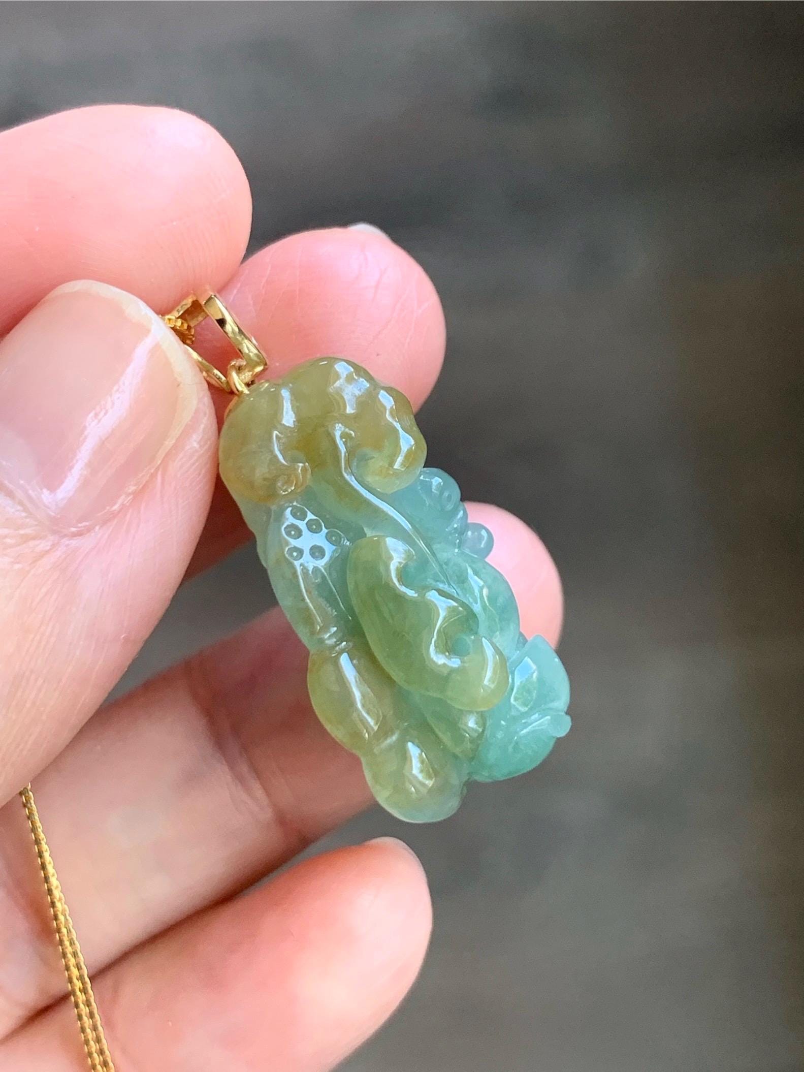 Certified Natural Burmese Icy Translucent Light Green Yellow Bicolored Jadeite Lotus Flower Ruyi Pendant 18K Yellow Gold 天然缅甸冰晴加黄翡翠莲花如意镶嵌吊坠