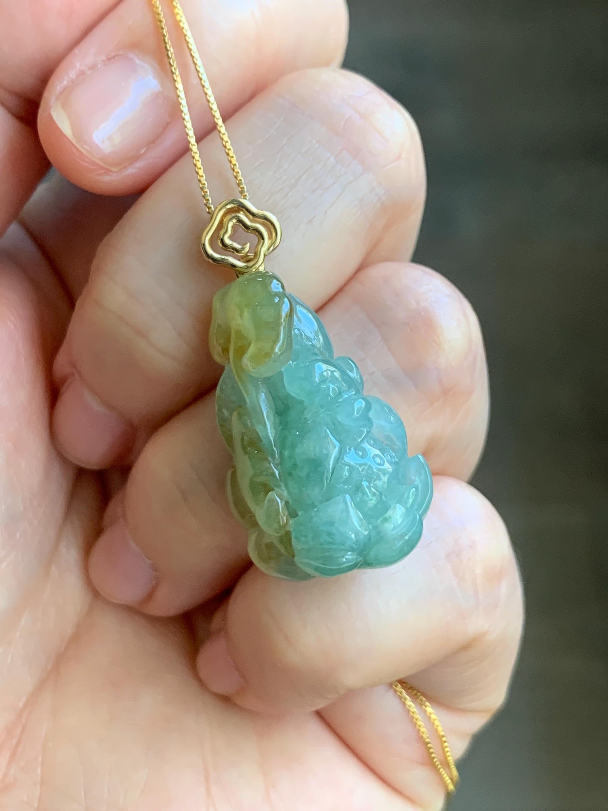 Certified Natural Burmese Icy Translucent Light Green Yellow Bicolored Jadeite Lotus Flower Ruyi Pendant 18K Yellow Gold 天然缅甸冰晴加黄翡翠莲花如意镶嵌吊坠