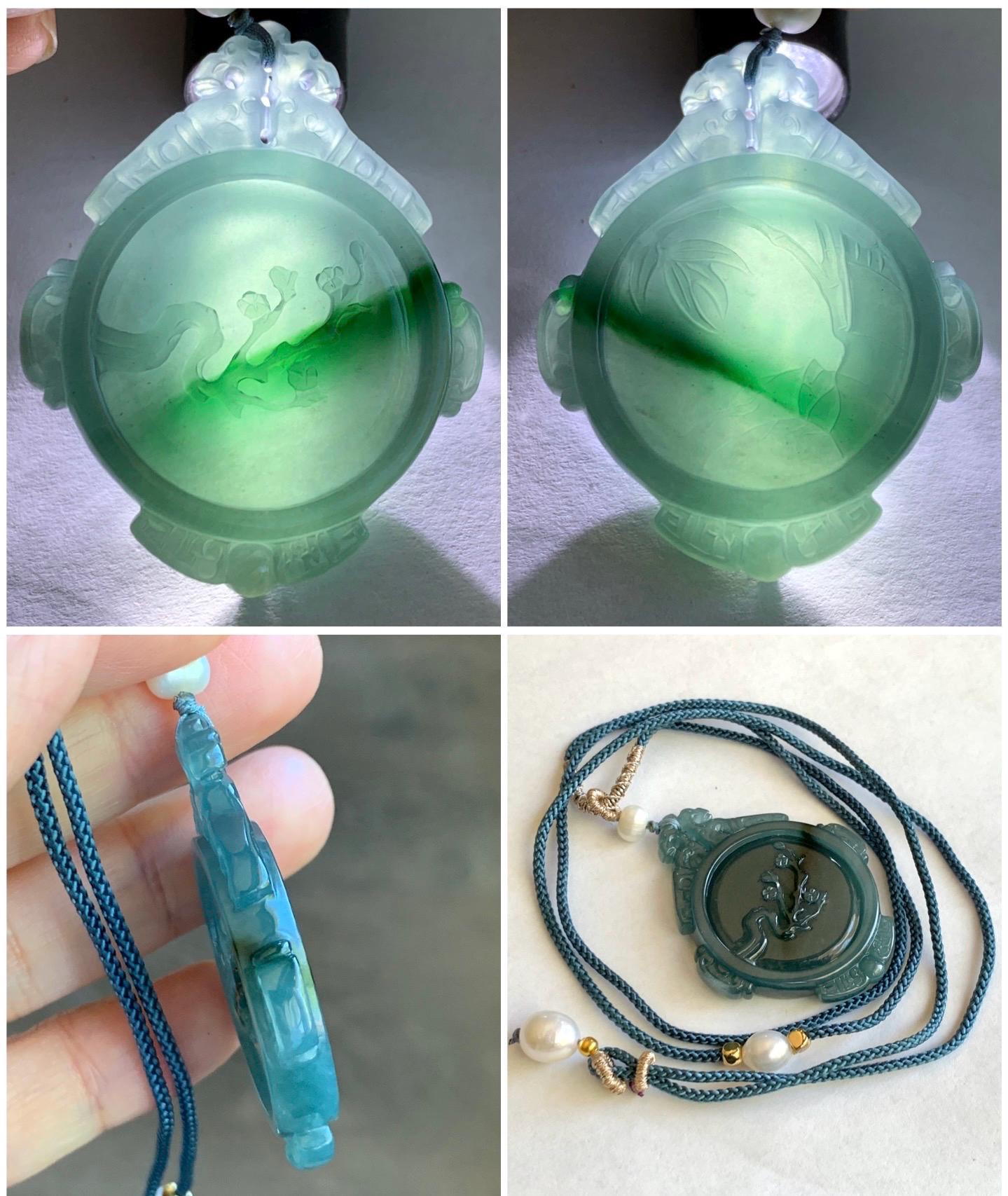 Natural Guatemalan Icy Translucent Dark Teal Blue Jadeite Cherry Blossom & Bamboo Double Sided Pendant Rope Necklace 19g 天然冰危蓝飘绿花翡翠梅花竹节双面雕吊坠