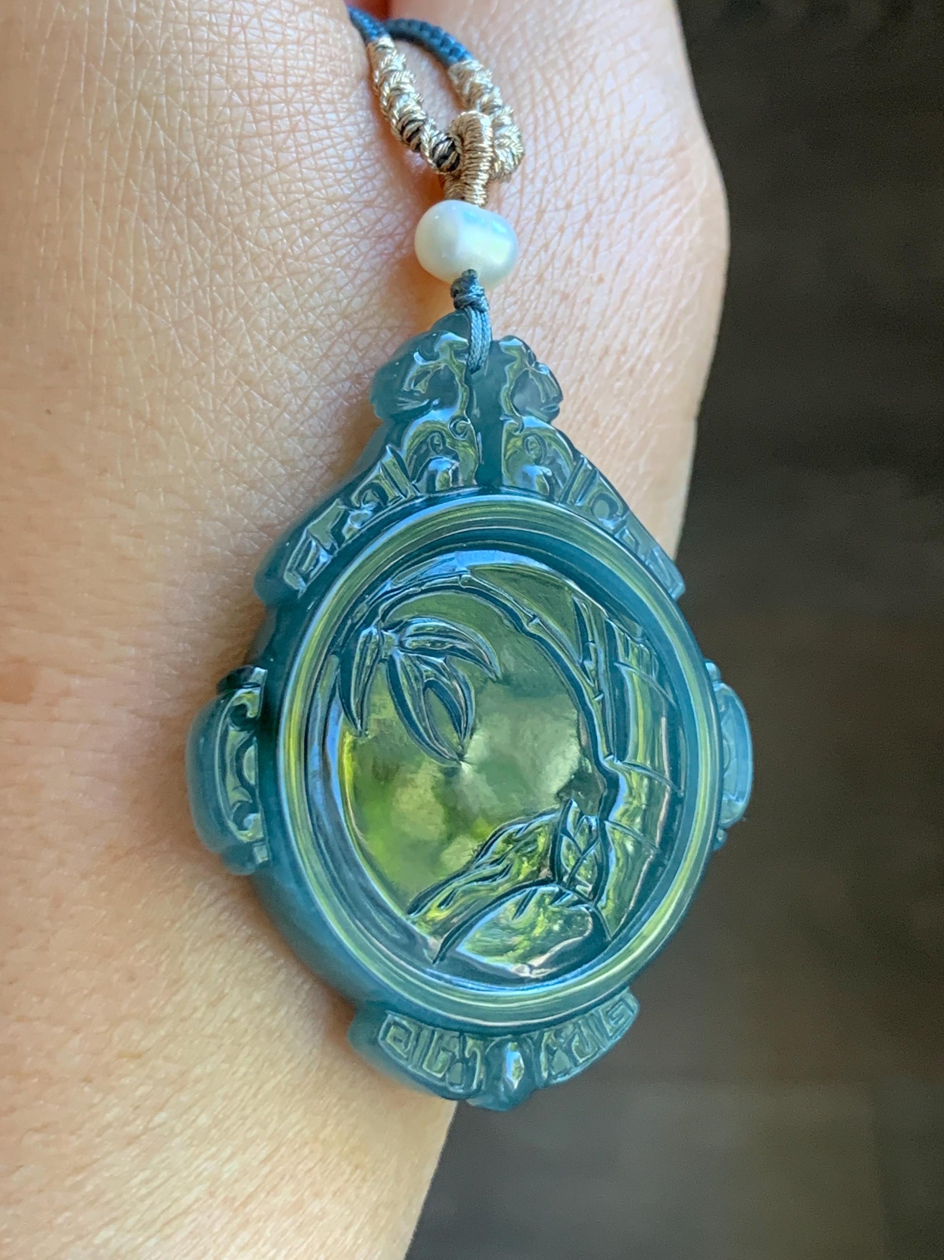 Natural Guatemalan Icy Translucent Dark Teal Blue Jadeite Cherry Blossom & Bamboo Double Sided Pendant Rope Necklace 19g 天然冰危蓝飘绿花翡翠梅花竹节双面雕吊坠