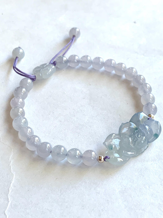 Certified Natural Burmese Icy Translucent Gelatinous Light Purple Blue Marbled Jadeite Lotus Flower Beaded Bracelet 6.75” 天然缅甸冰胶淡紫飘花翡翠莲花手牌手串