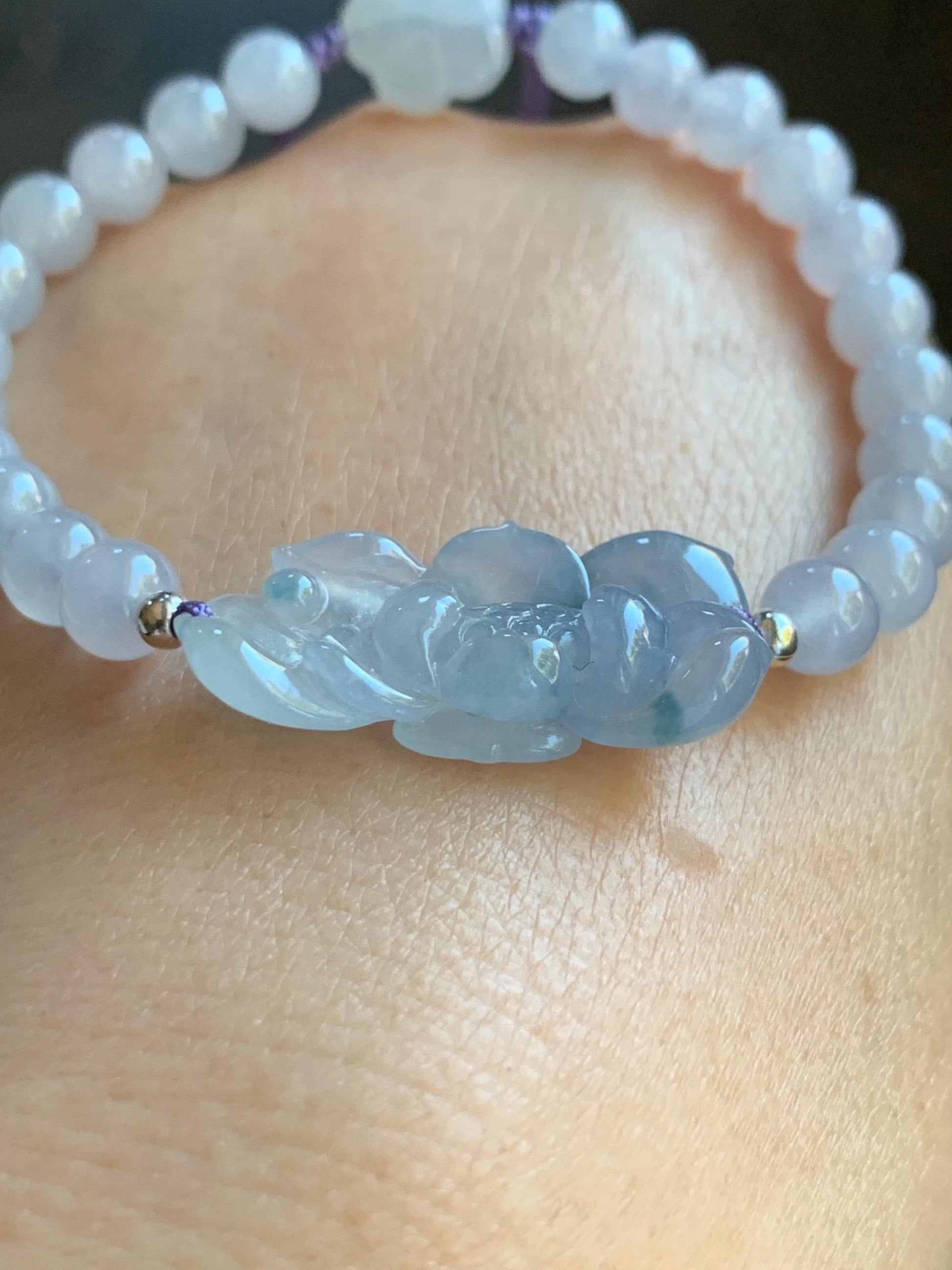 Certified Natural Burmese Icy Translucent Gelatinous Light Purple Blue Marbled Jadeite Lotus Flower Beaded Bracelet 6.75” 天然缅甸冰胶淡紫飘花翡翠莲花手牌手串