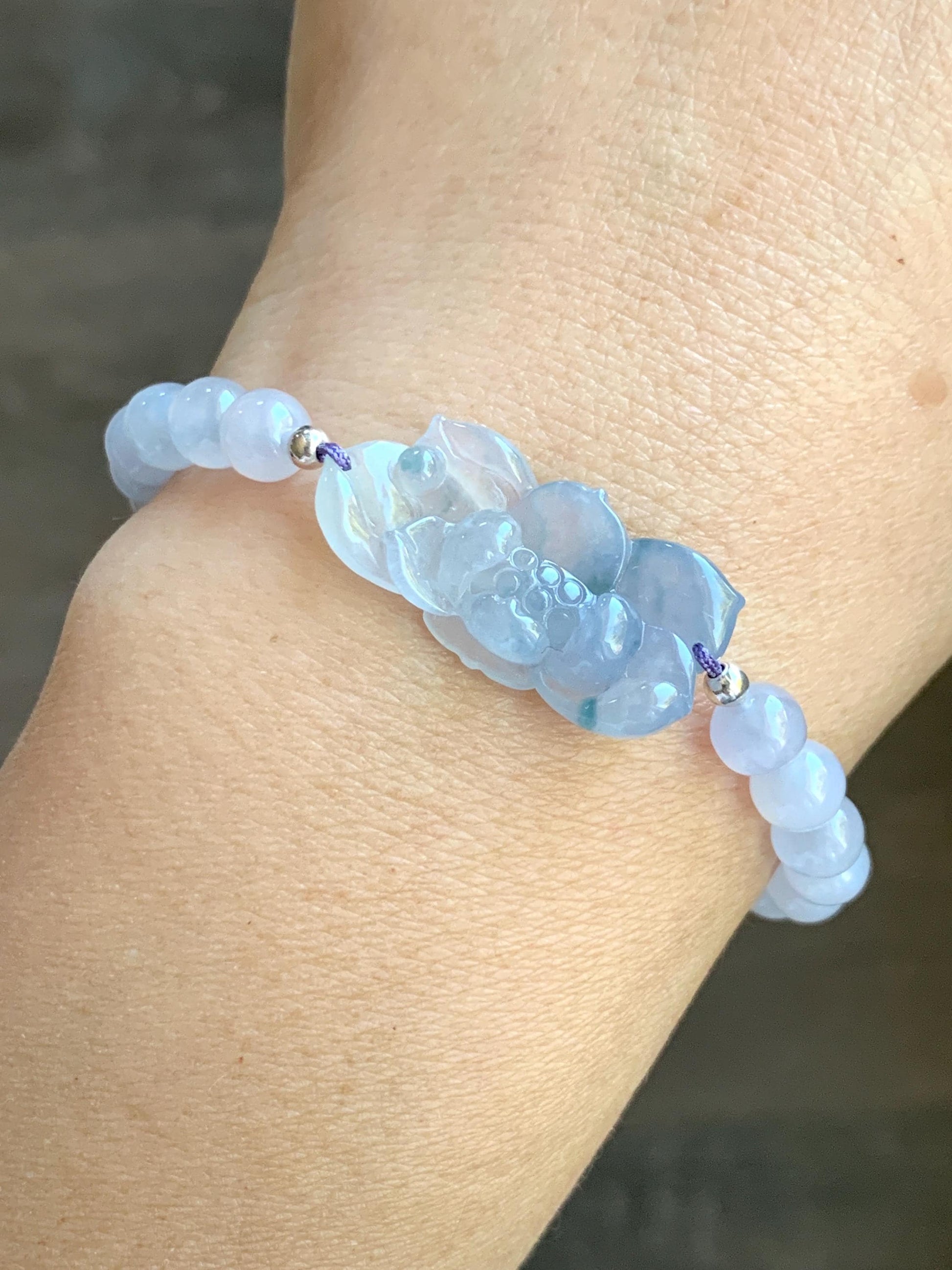 Certified Natural Burmese Icy Translucent Gelatinous Light Purple Blue Marbled Jadeite Lotus Flower Beaded Bracelet 6.75” 天然缅甸冰胶淡紫飘花翡翠莲花手牌手串