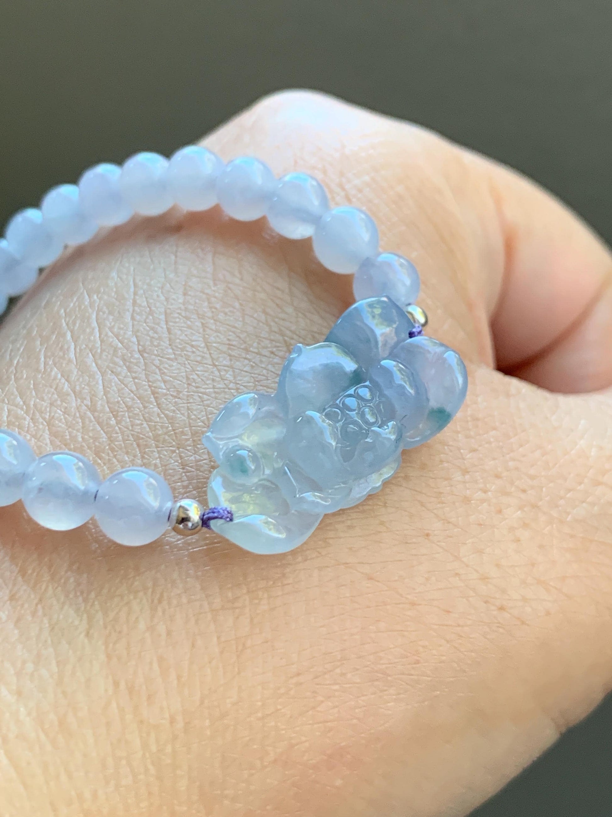 Certified Natural Burmese Icy Translucent Gelatinous Light Purple Blue Marbled Jadeite Lotus Flower Beaded Bracelet 6.75” 天然缅甸冰胶淡紫飘花翡翠莲花手牌手串