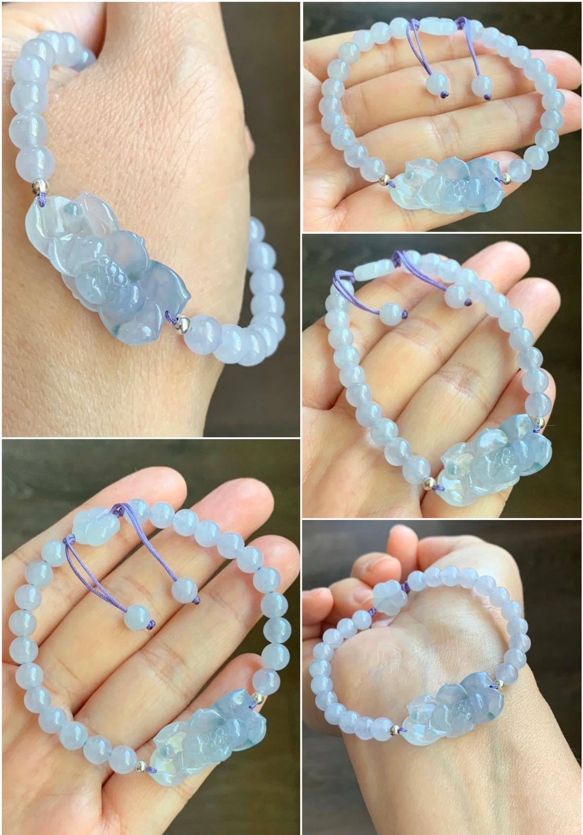 Certified Natural Burmese Icy Translucent Gelatinous Light Purple Blue Marbled Jadeite Lotus Flower Beaded Bracelet 6.75” 天然缅甸冰胶淡紫飘花翡翠莲花手牌手串