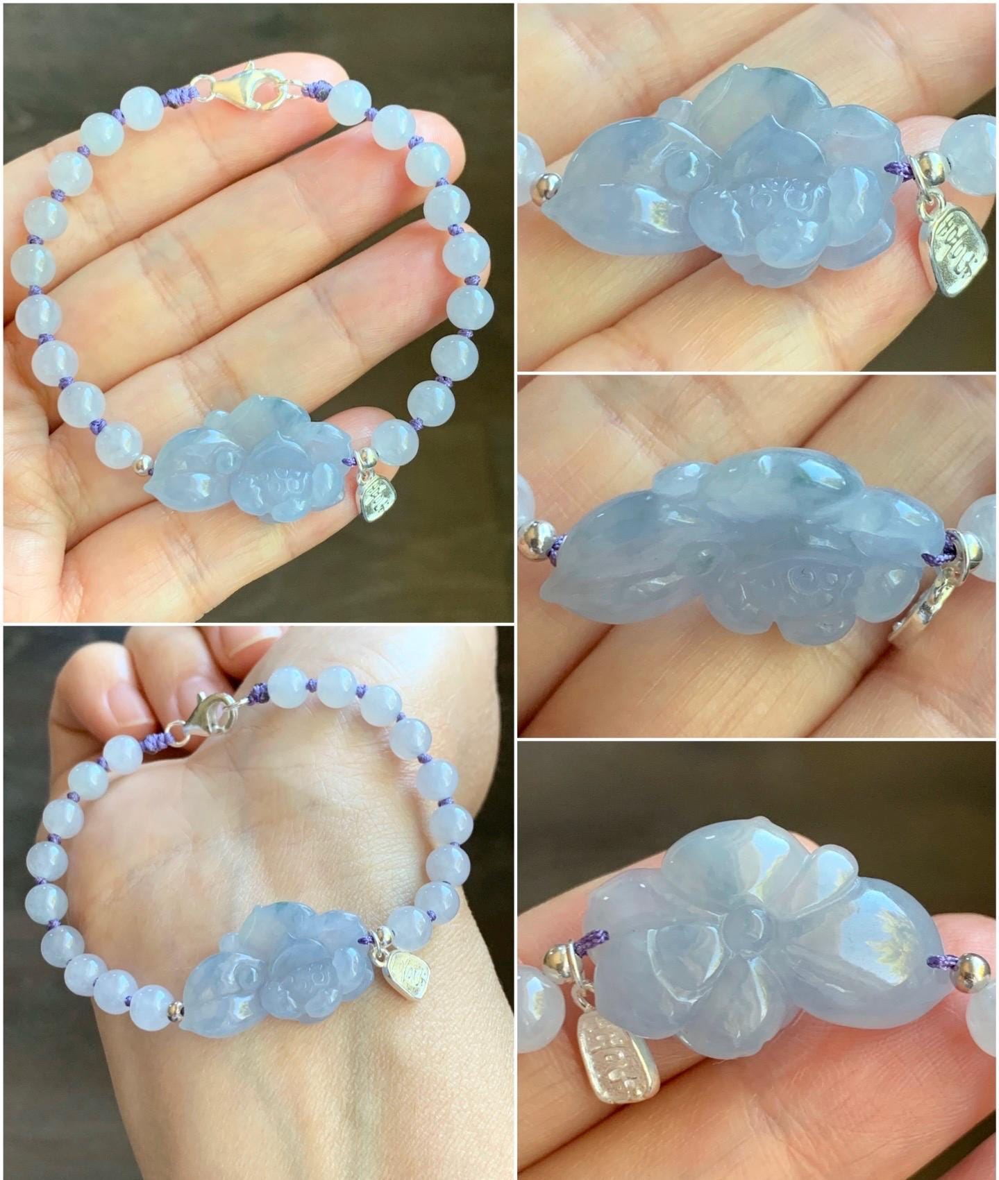 Certified Natural Burmese Icy Translucent Gelatinous Light Purple Blue Marbled Jadeite Lotus Flower Beaded Bracelet 7” SS 天然缅甸冰胶淡紫飘花翡翠莲花手牌手串