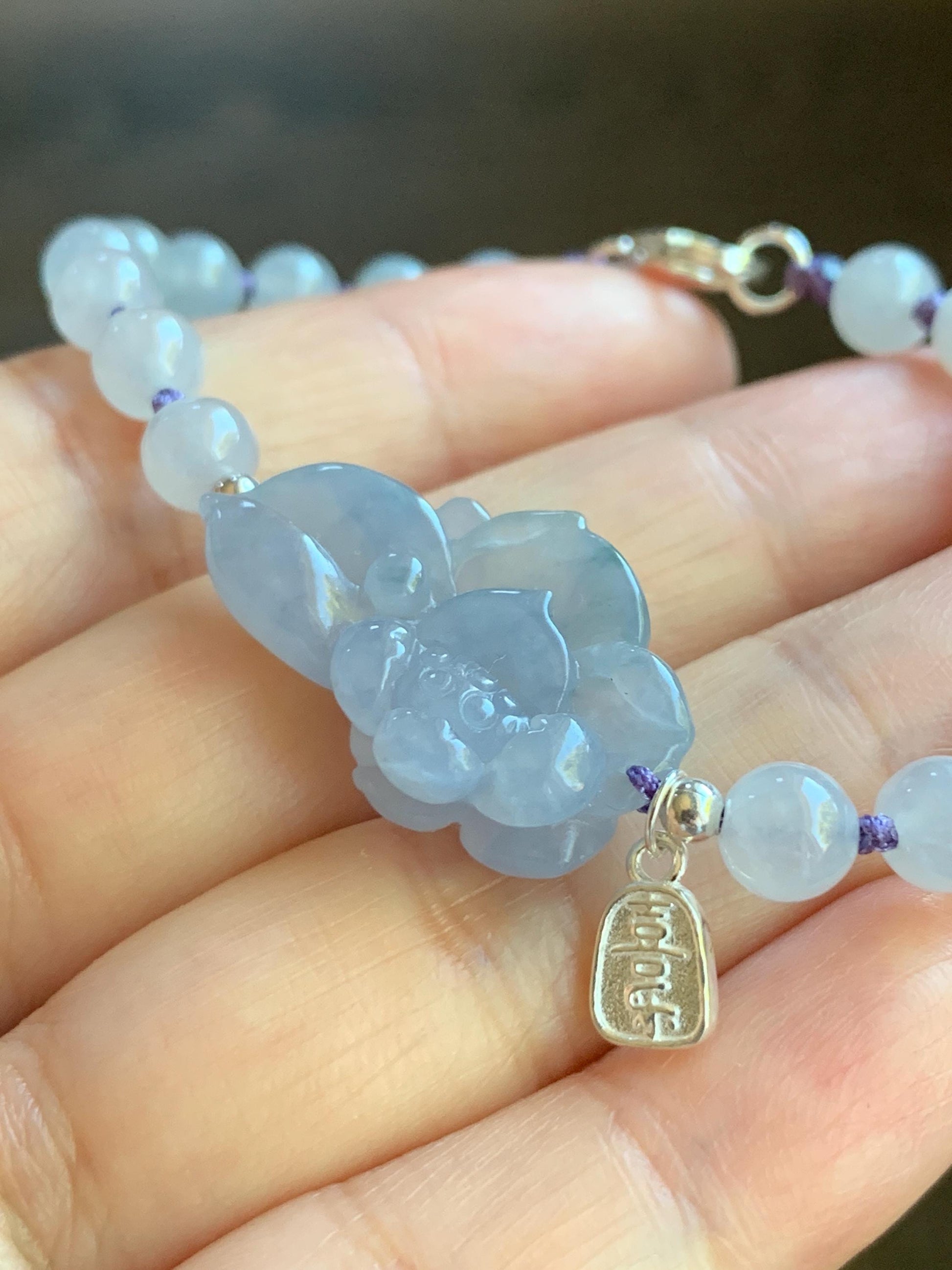 Certified Natural Burmese Icy Translucent Gelatinous Light Purple Blue Marbled Jadeite Lotus Flower Beaded Bracelet 7” SS 天然缅甸冰胶淡紫飘花翡翠莲花手牌手串