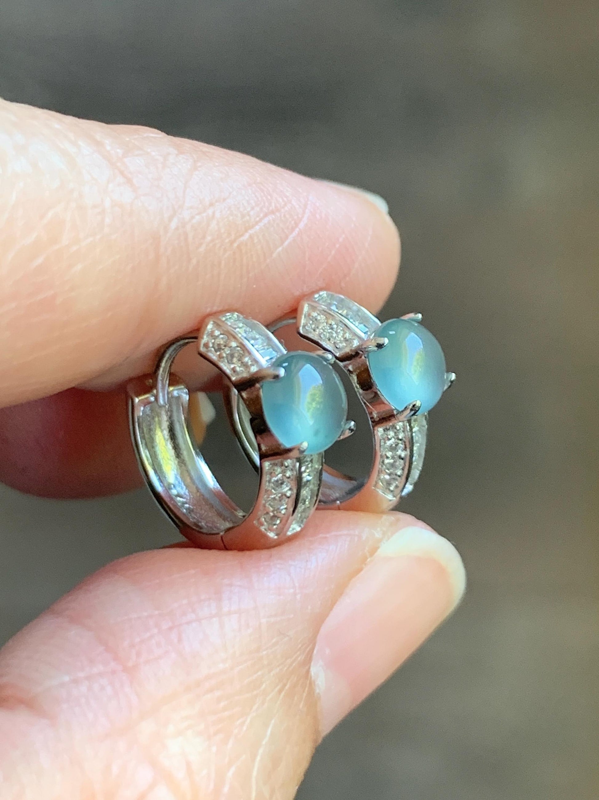 Natural Guatemalan Icy Highly Translucent Light Blue Jadeite Hoop Huggie Earrings S925 Sterling Silver 天然冰危起光晴蓝翡翠银镶耳包