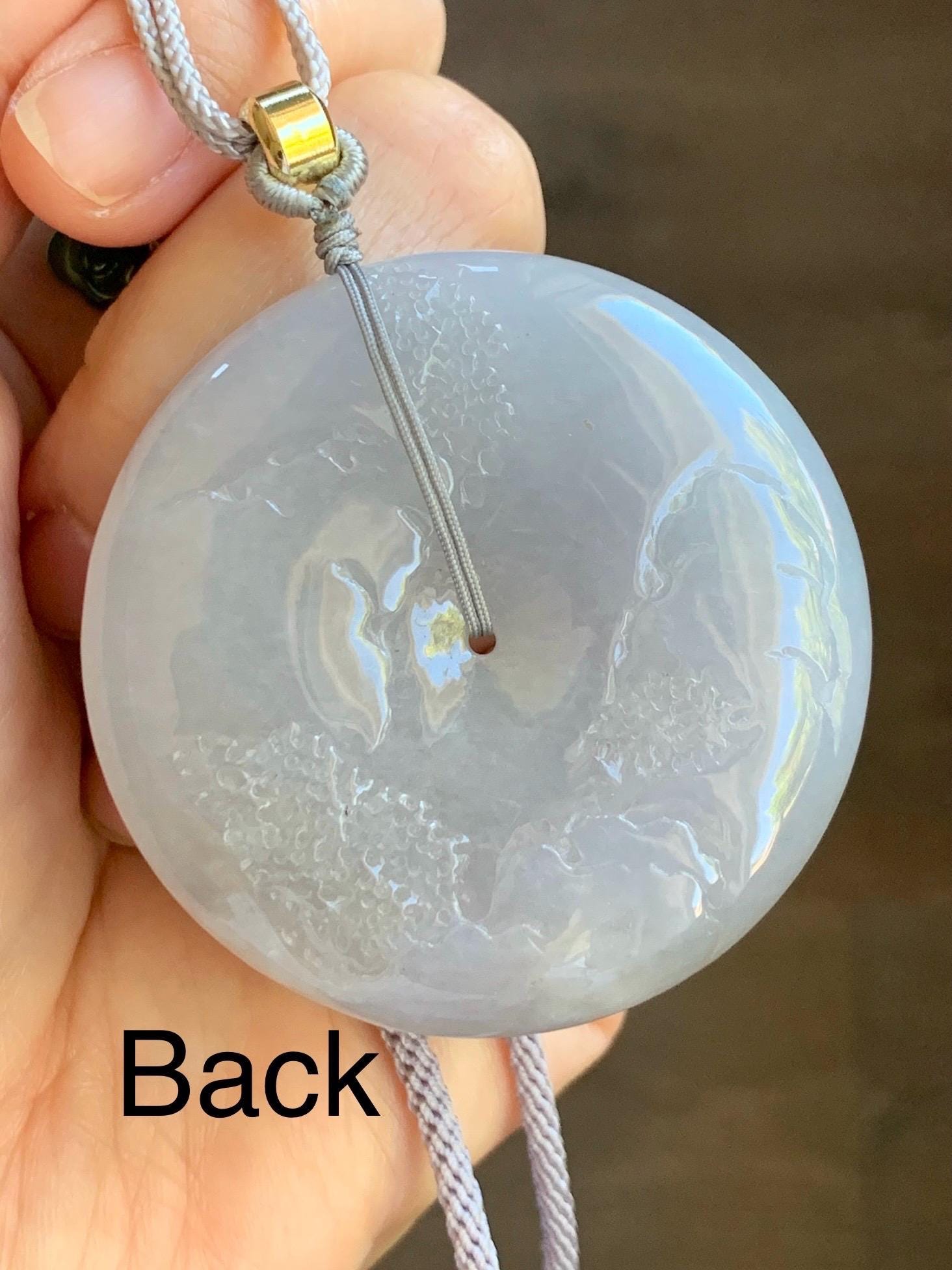 Certified Natural Burmese Icy Light Purple Jadeite Engraved Shan Shui Ping An Kou Donut Pendant Rope Necklace 28” 天然缅甸冰淡紫翡翠山水平安扣吊坠项链 6934
