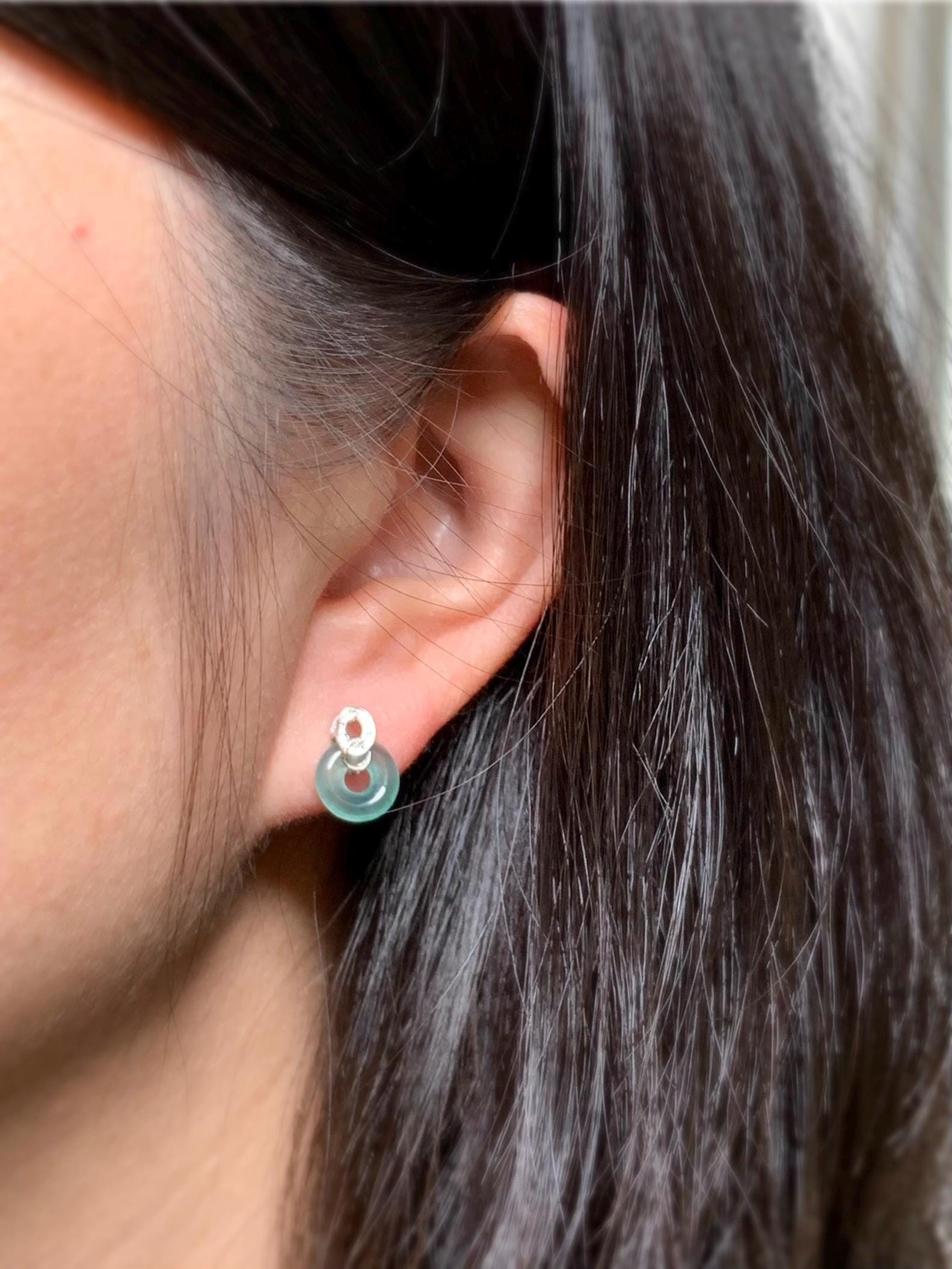 Natural Guatemalan Icy Highly Translucent Teal Green Jadeite Petite Ping An Kou Donut Studs Earrings Sterling Silver 天然冰危晴蓝起光翡翠平安扣耳钉耳环