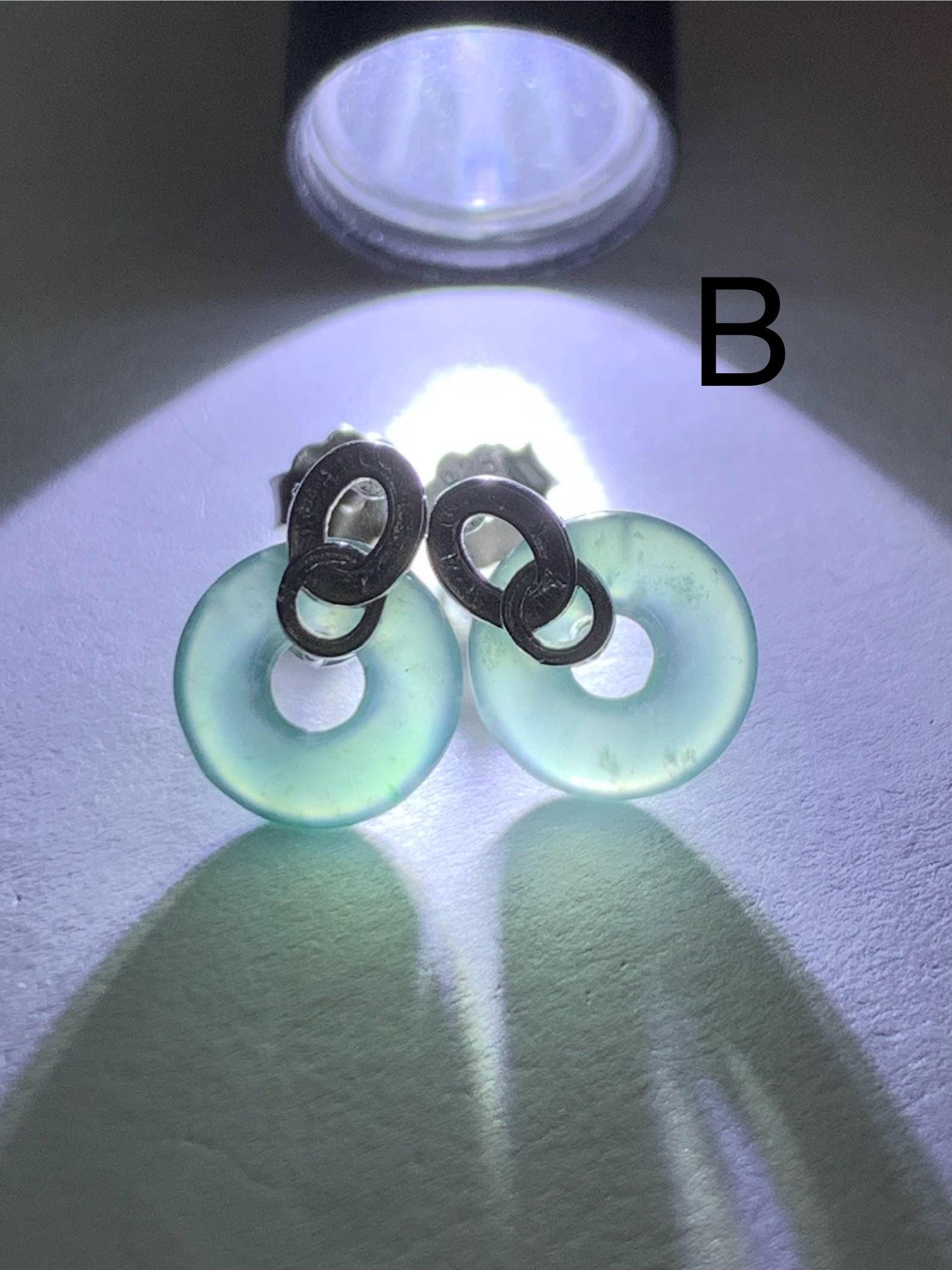 Natural Guatemalan Icy Highly Translucent Teal Green Jadeite Petite Ping An Kou Donut Studs Earrings Sterling Silver 天然冰危晴蓝起光翡翠平安扣耳钉耳环