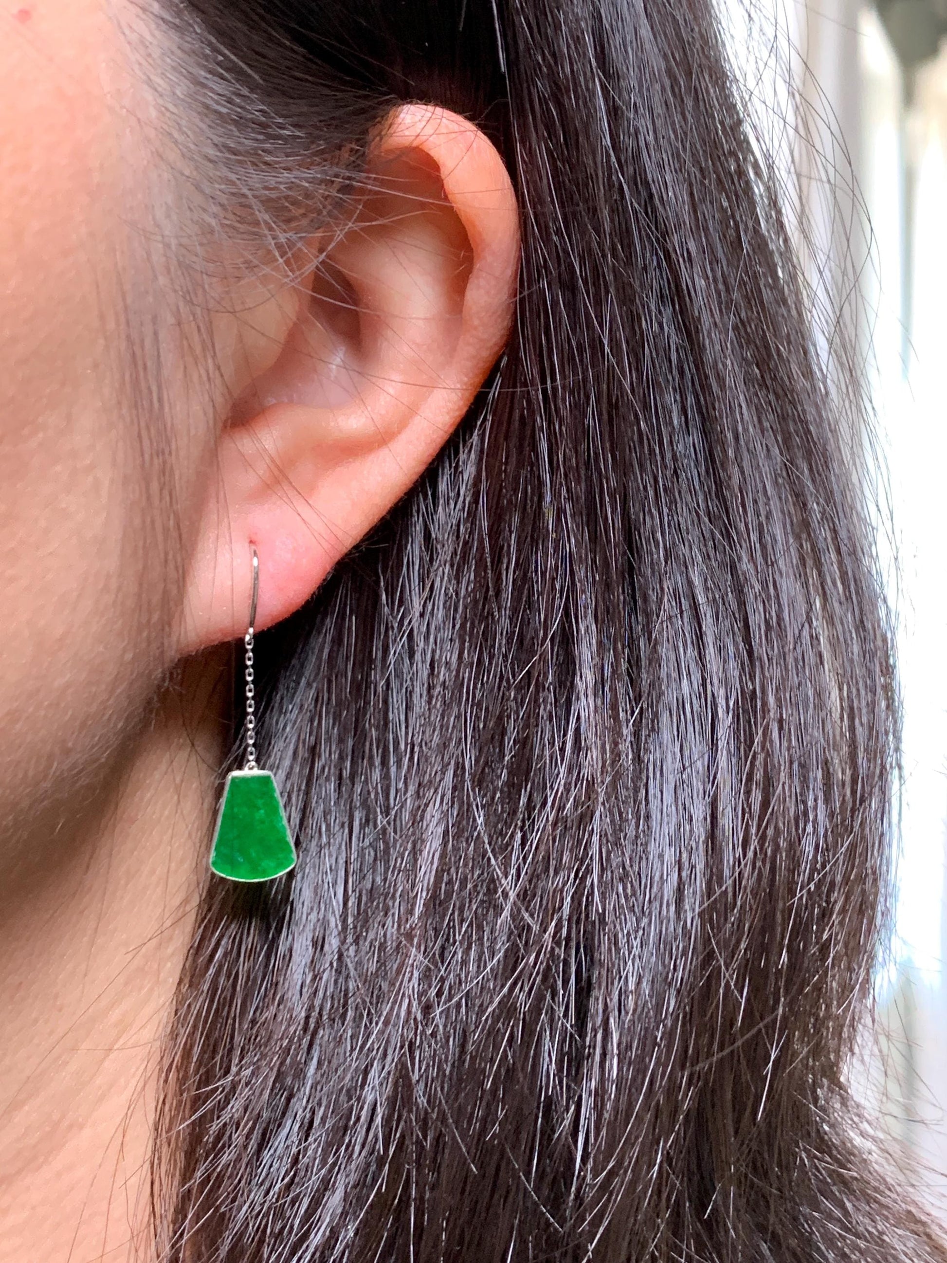 Certified Natural Burmese Icy Vibrant Hot Green Jadeite Dangle Earrings 18K White Gold 1.03g 天然缅甸阳绿翡翠镶嵌耳钩 6888