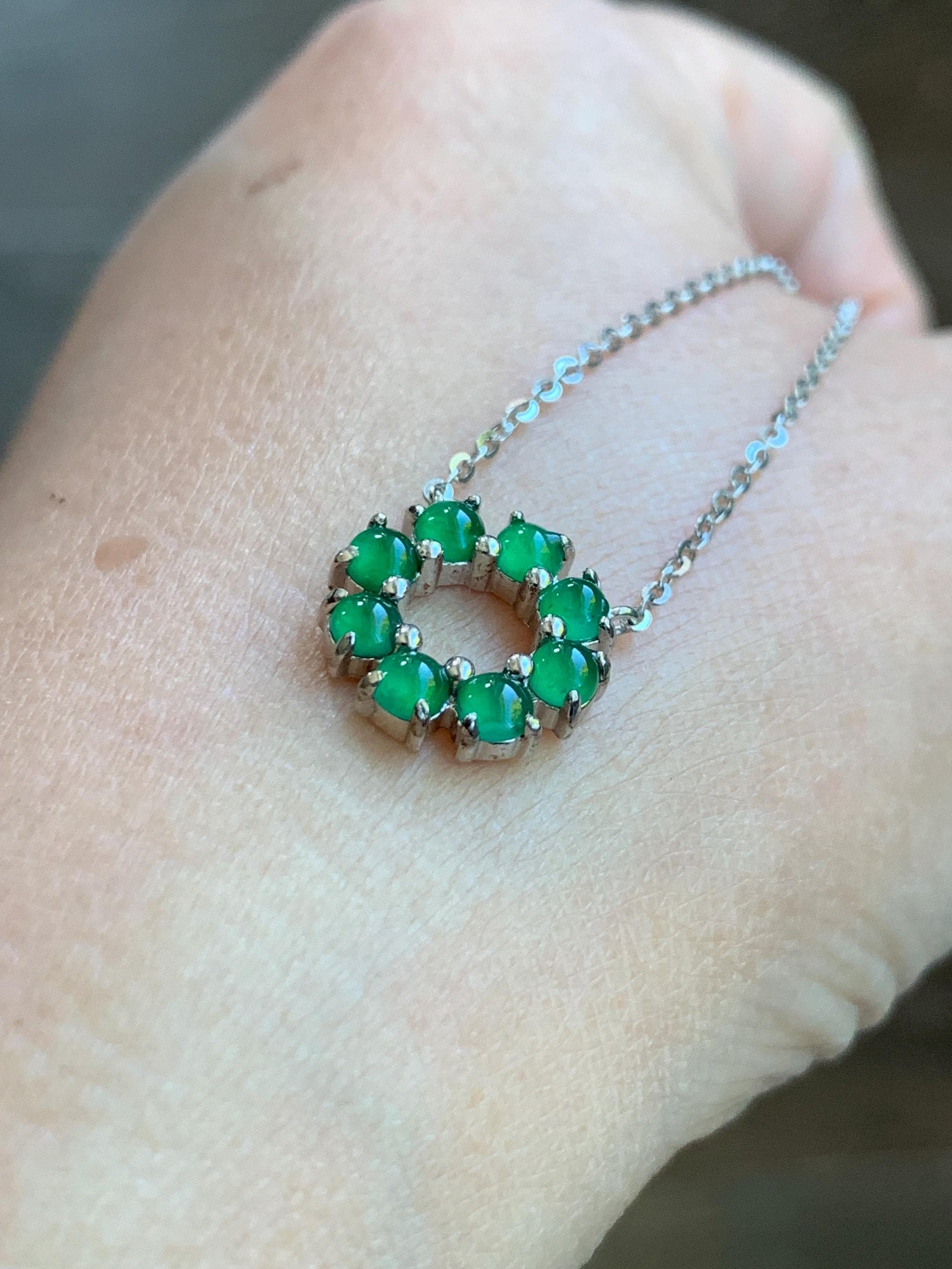 Certified Natural Guatemalan Icy Translucent Vibrant Green Jadeite Wreath Circle Pendant Necklace Sterling Silver 16”-18” 天然高冰危绿银镶吊坠 6893