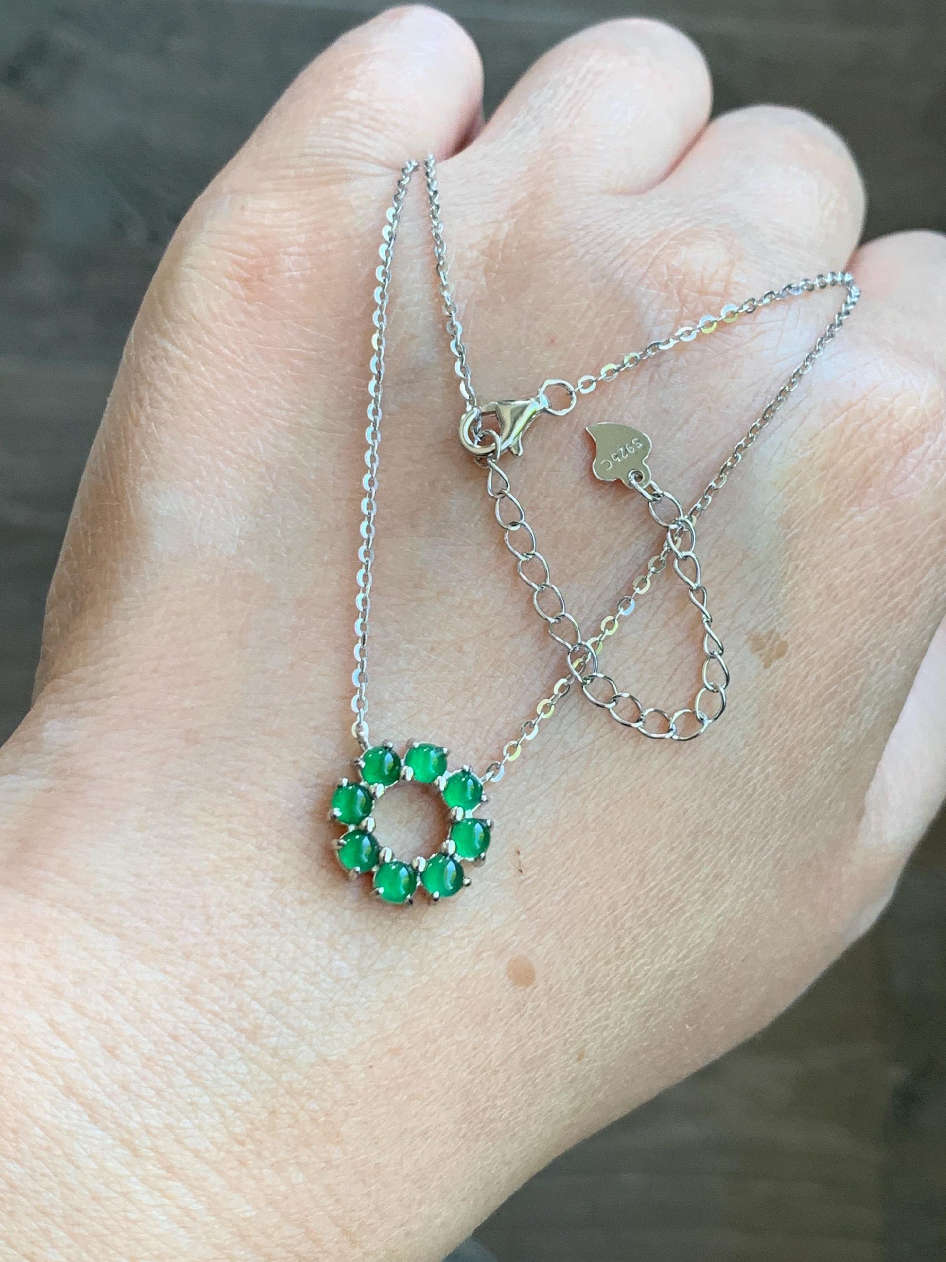 Certified Natural Guatemalan Icy Translucent Vibrant Green Jadeite Wreath Circle Pendant Necklace Sterling Silver 16”-18” 天然高冰危绿银镶吊坠 6893