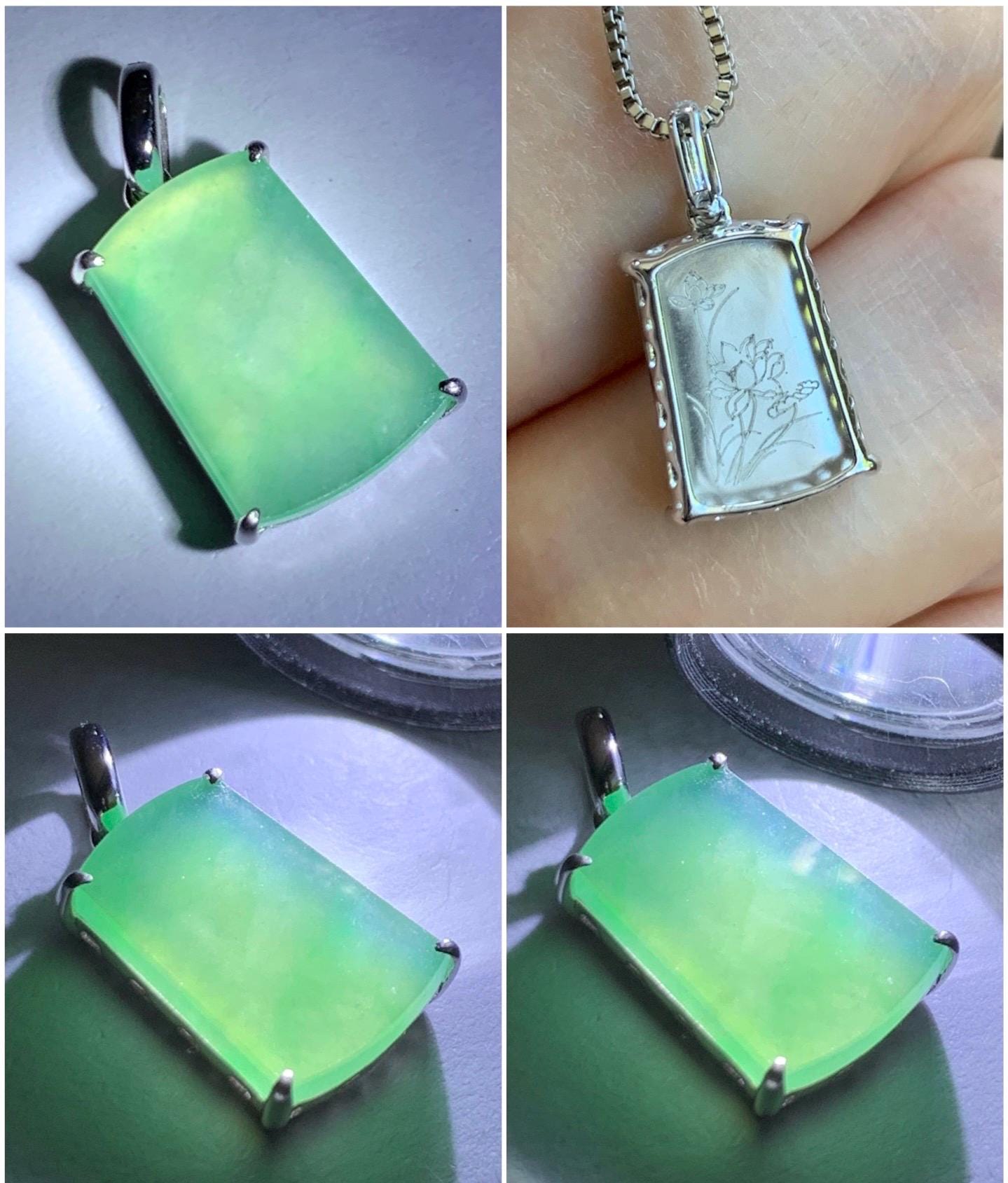 Petite Certified Natural Burmese Icy Highly Translucent Light Green Jadeite Wu Shi Pai Amulet 18K White Gold 1.27g 天然缅甸冰果绿翡翠无事牌镶嵌吊坠 6889