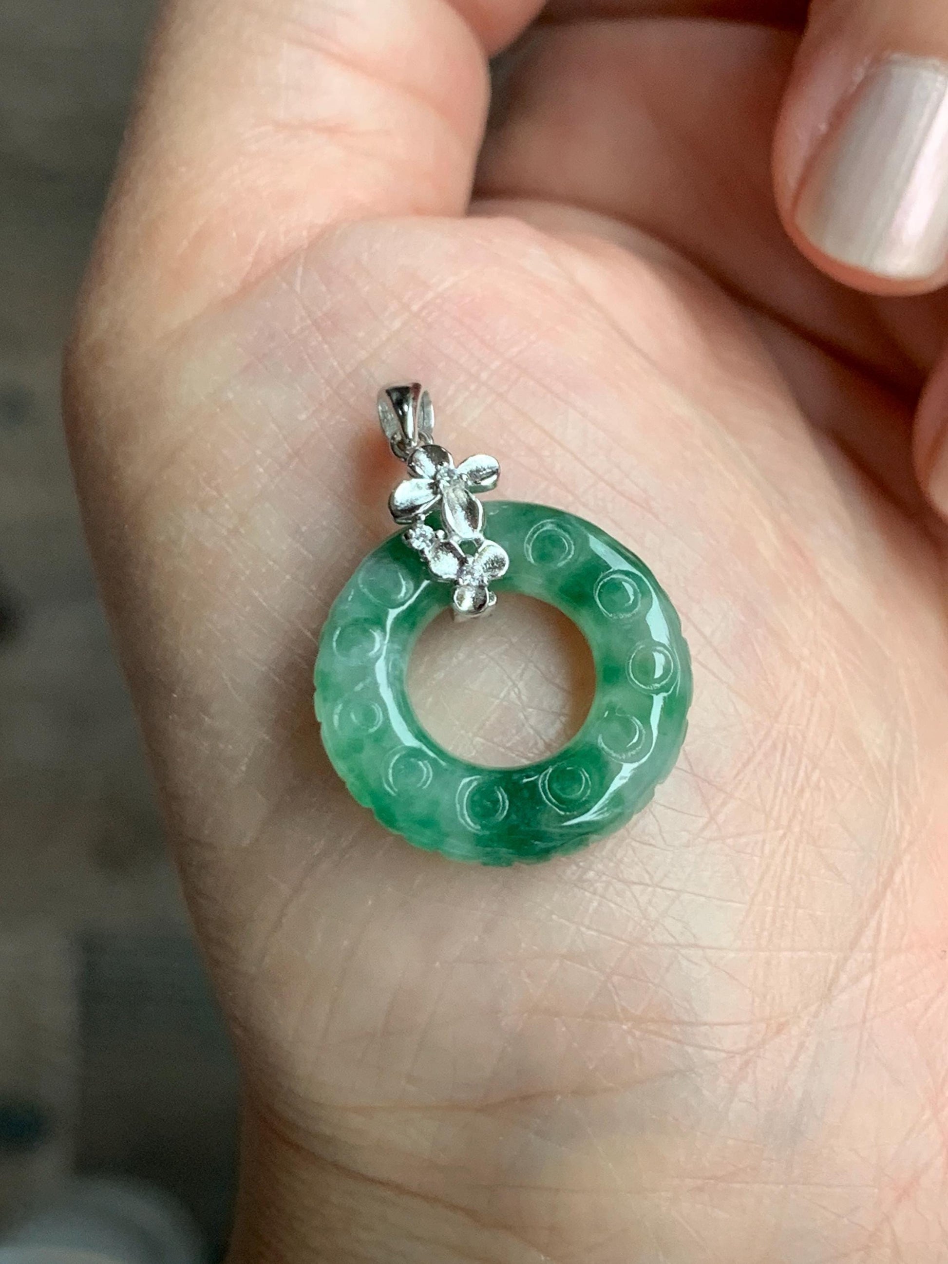 Certified Natural Burmese Icy Green Marbled Jadeite Engraved Ping An Kou Donut Ring Pendant Sterling Silver 天然缅甸冰飘绿花翡翠仿古雕平安扣吊坠 6932