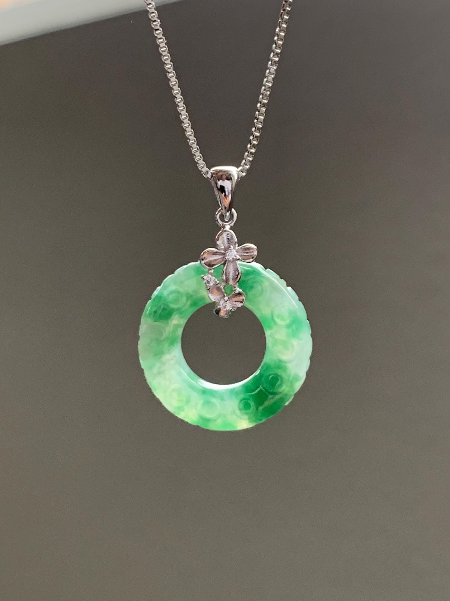 Certified Natural Burmese Icy Green Marbled Jadeite Engraved Ping An Kou Donut Ring Pendant Sterling Silver 天然缅甸冰飘绿花翡翠仿古雕平安扣吊坠 6932