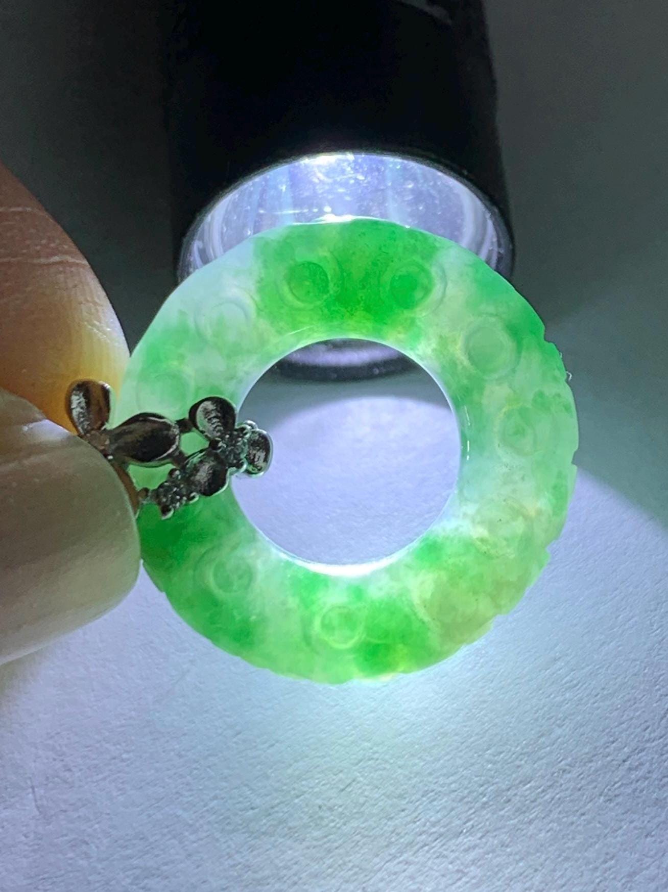 Certified Natural Burmese Icy Green Marbled Jadeite Engraved Ping An Kou Donut Ring Pendant Sterling Silver 天然缅甸冰飘绿花翡翠仿古雕平安扣吊坠 6932