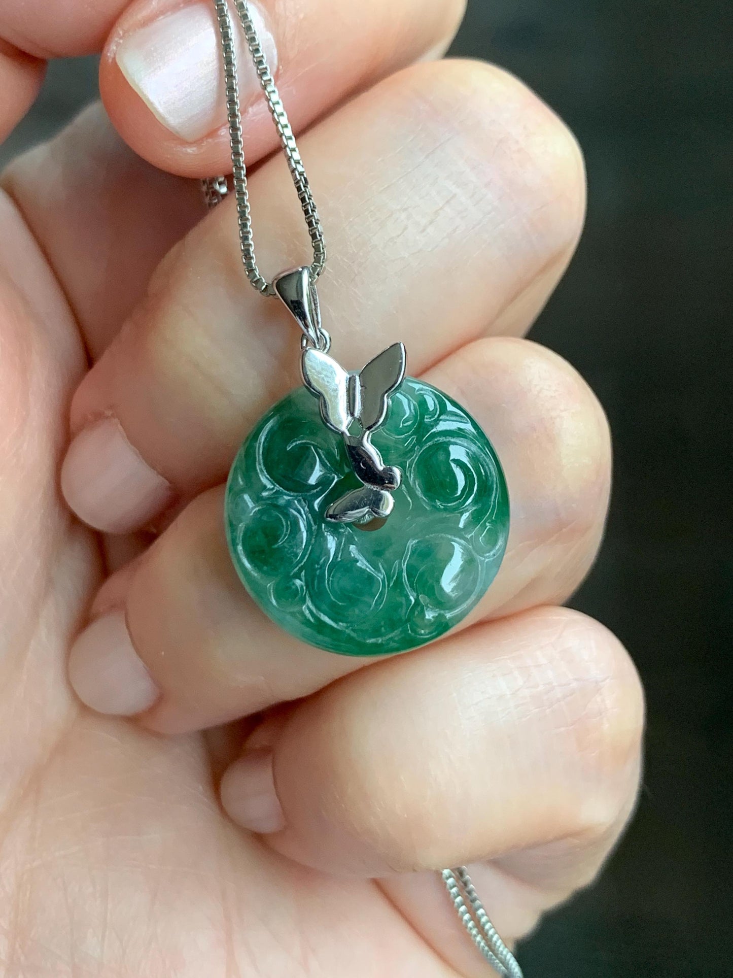 Certified Natural Burmese Icy Green Marbled Jadeite Engraved Ping An Kou Donut Ring Pendant Sterling Silver 天然缅甸冰飘绿花翡翠仿古雕平安扣吊坠 6931