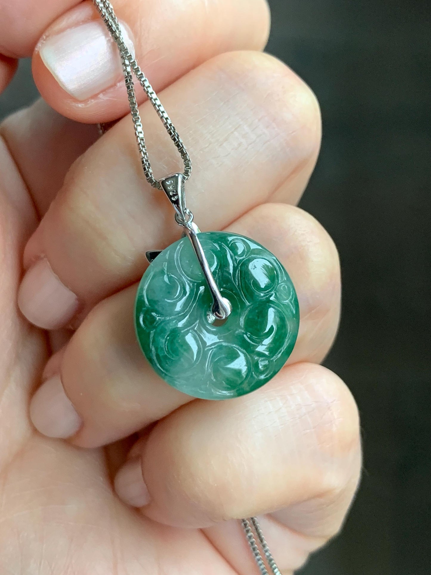 Certified Natural Burmese Icy Green Marbled Jadeite Engraved Ping An Kou Donut Ring Pendant Sterling Silver 天然缅甸冰飘绿花翡翠仿古雕平安扣吊坠 6931