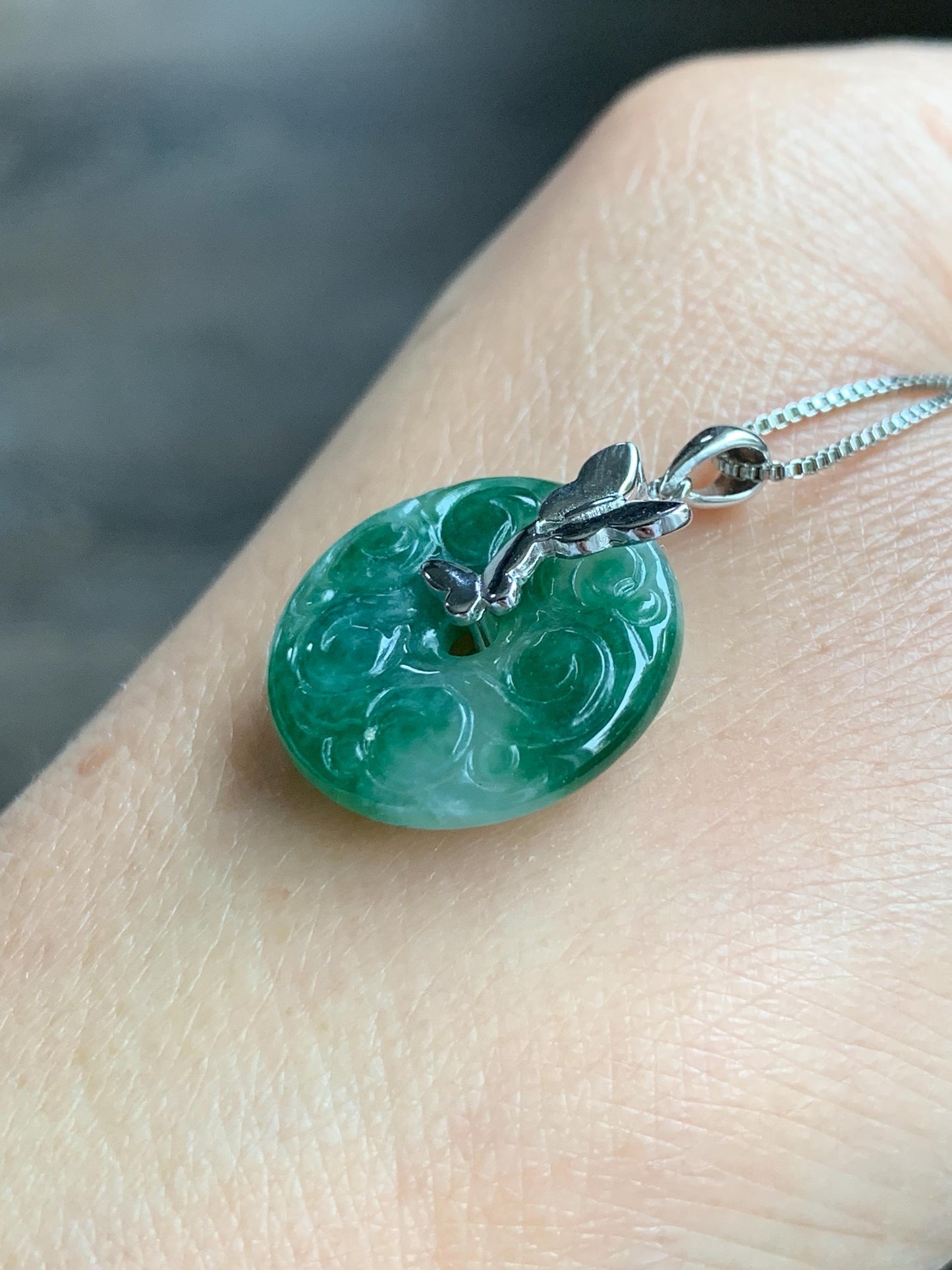 Certified Natural Burmese Icy Green Marbled Jadeite Engraved Ping An Kou Donut Ring Pendant Sterling Silver 天然缅甸冰飘绿花翡翠仿古雕平安扣吊坠 6931