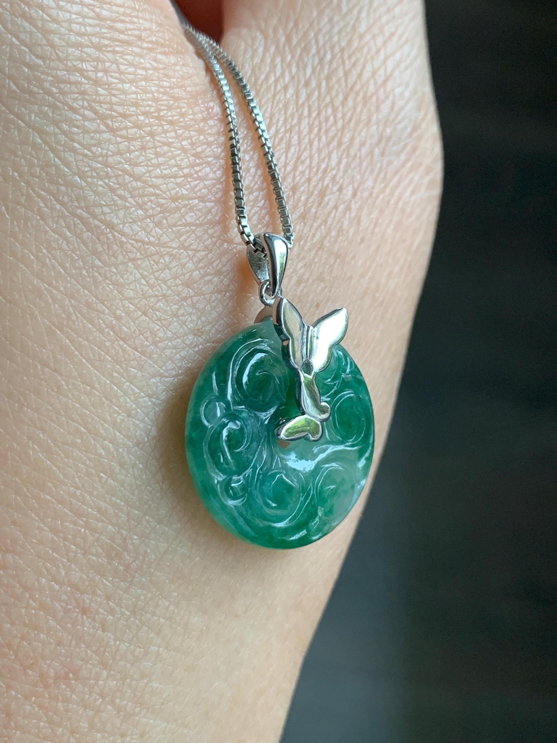 Certified Natural Burmese Icy Green Marbled Jadeite Engraved Ping An Kou Donut Ring Pendant Sterling Silver 天然缅甸冰飘绿花翡翠仿古雕平安扣吊坠 6931