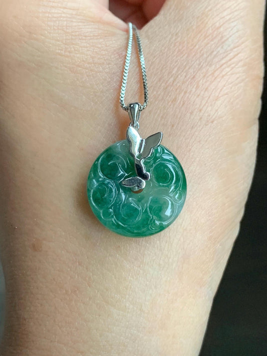 Certified Natural Burmese Icy Green Marbled Jadeite Engraved Ping An Kou Donut Ring Pendant Sterling Silver 天然缅甸冰飘绿花翡翠仿古雕平安扣吊坠 6931