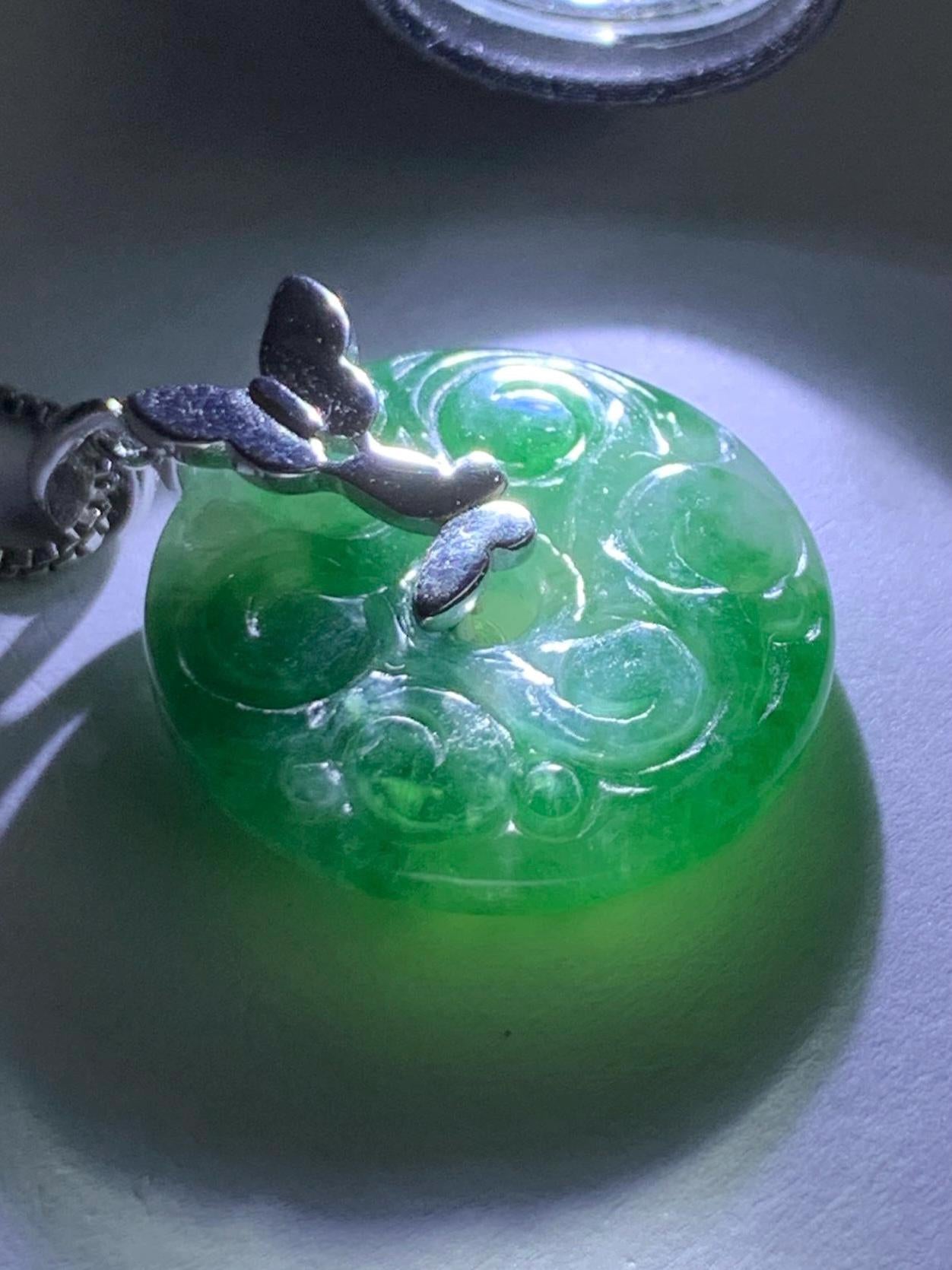 Certified Natural Burmese Icy Green Marbled Jadeite Engraved Ping An Kou Donut Ring Pendant Sterling Silver 天然缅甸冰飘绿花翡翠仿古雕平安扣吊坠 6931