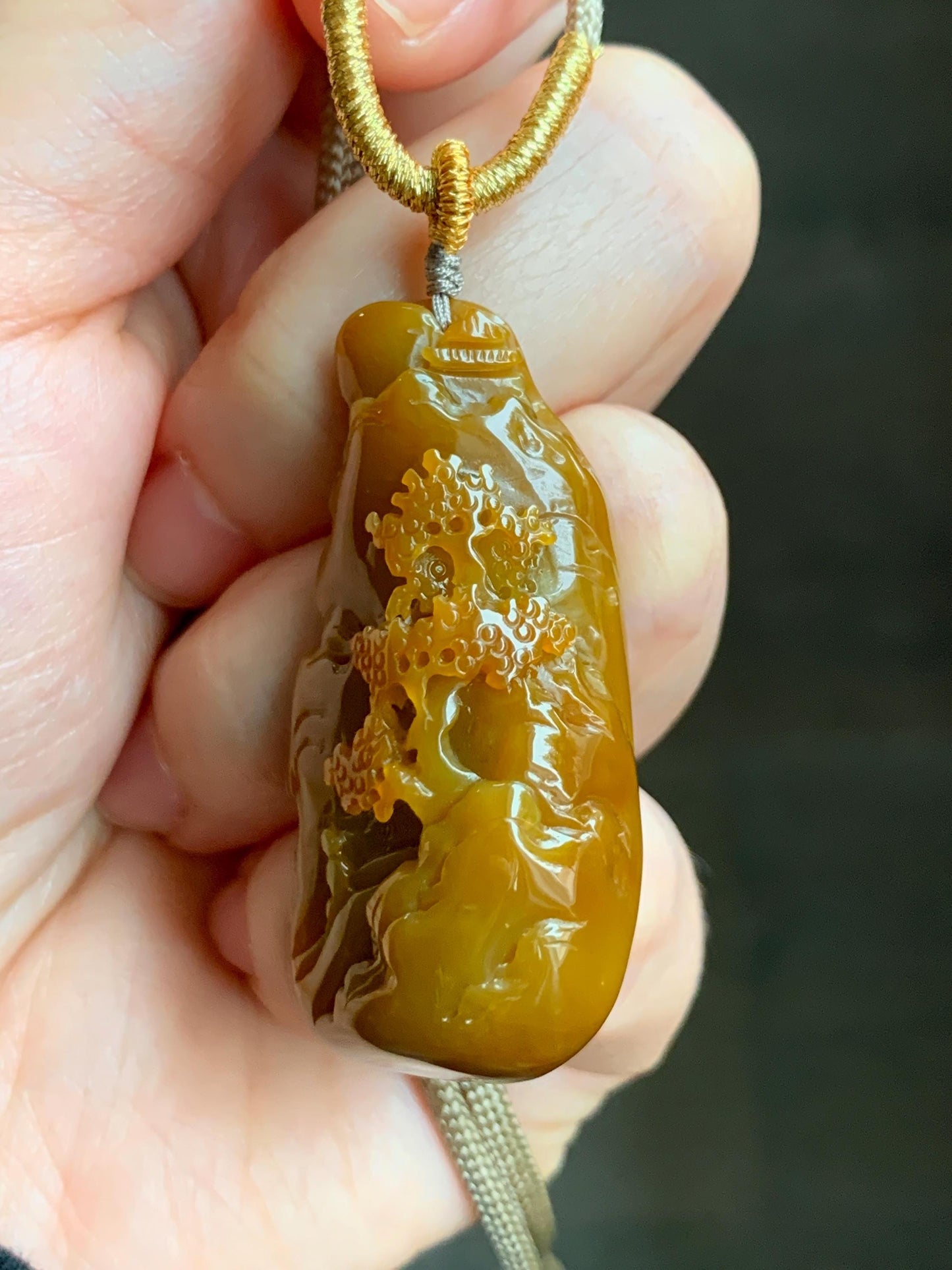 Certified Natural Guatemalan Icy Translucent Intense Rich Yellow Jadeite Shan Shui Landscape Pendant Rope Necklace 32” 天然冰危鸡油黄翡翠山水牌吊坠 6917