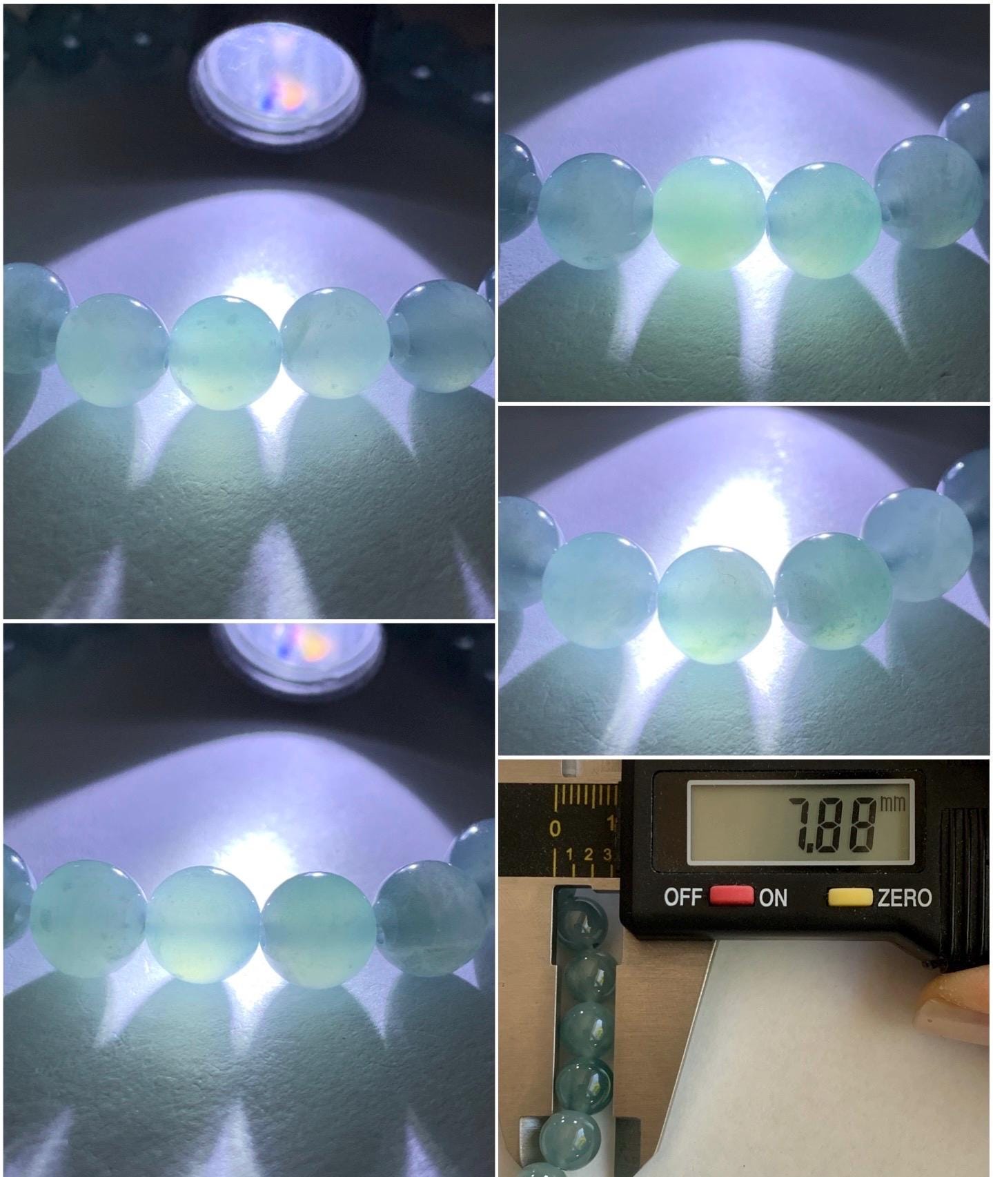 Natural Guatemalan Icy Highly Translucent Light Blue Teal Marbled Jadeite Beaded Bracelet Stretchy 7.8mm 6.75” 19g 天然冰危淡蓝飘花翡翠圆珠手串 DLW67