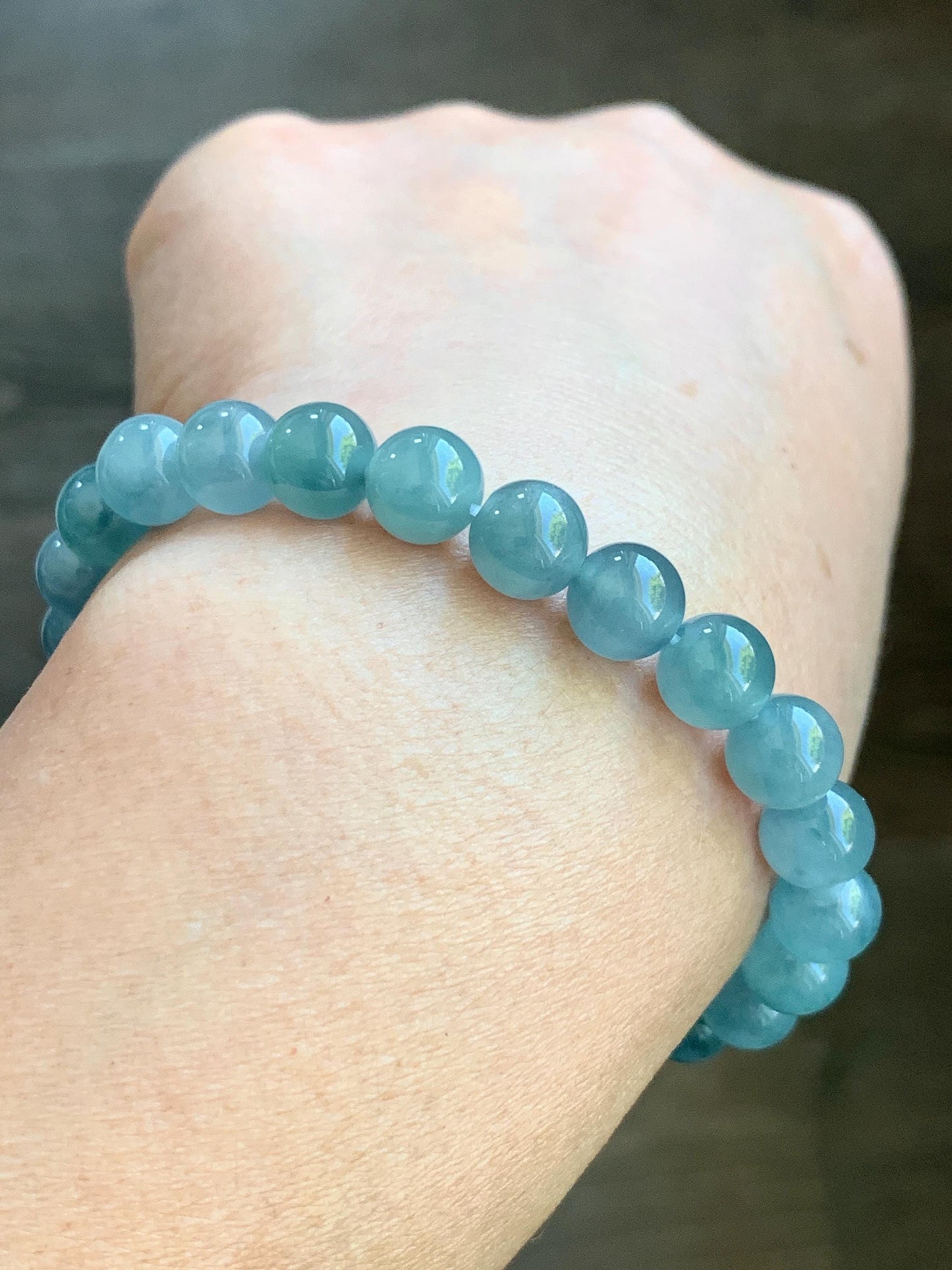 Natural Guatemalan Icy Highly Translucent Light Blue Teal Marbled Jadeite Beaded Bracelet Stretchy 7.8mm 6.75” 19g 天然冰危淡蓝飘花翡翠圆珠手串 DLW67