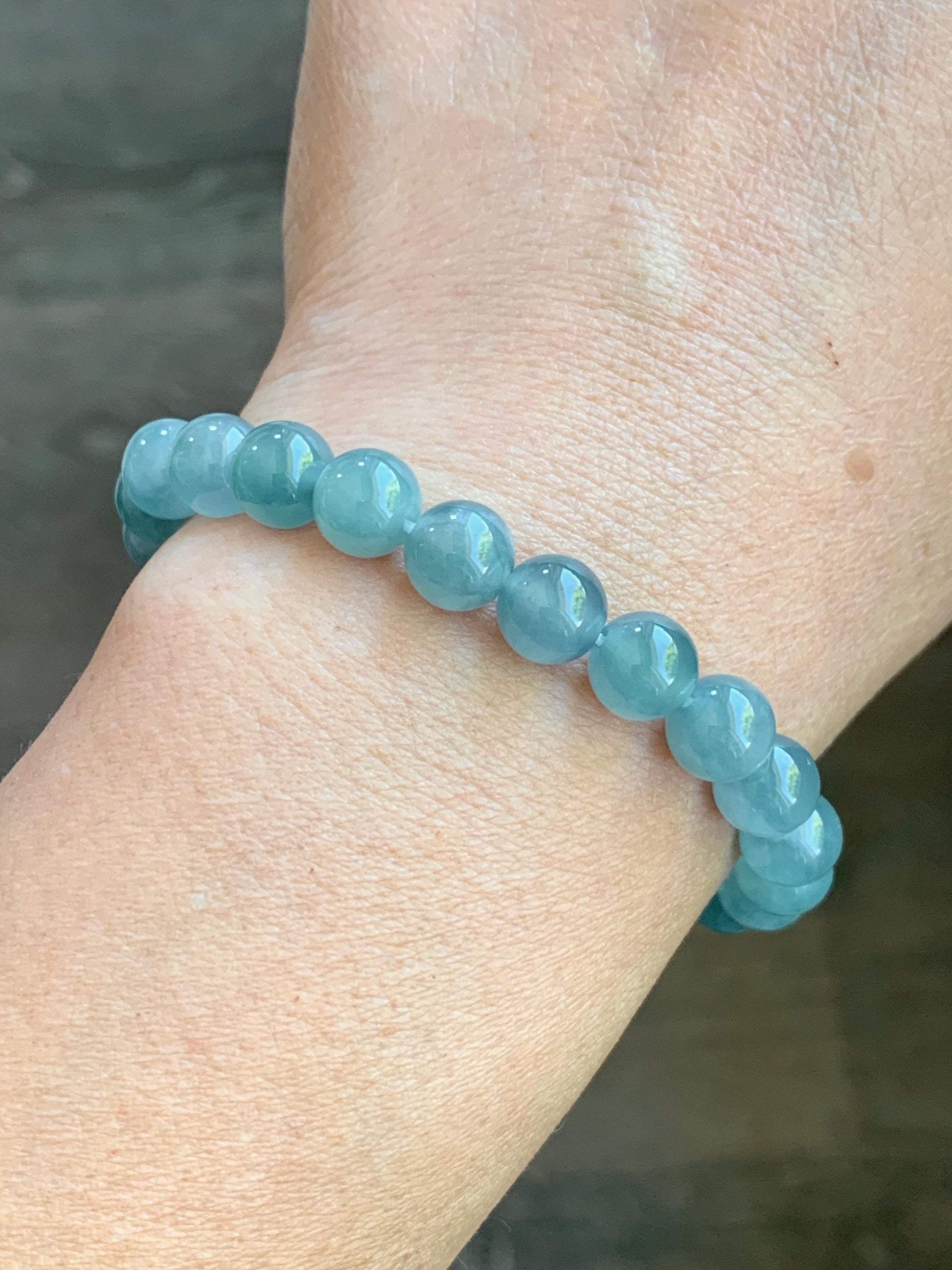 Natural Guatemalan Icy Highly Translucent Light Blue Teal Marbled Jadeite Beaded Bracelet Stretchy 7.8mm 6.75” 19g 天然冰危淡蓝飘花翡翠圆珠手串 DLW67