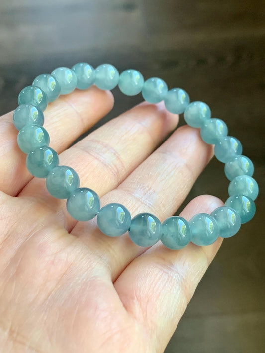 Natural Guatemalan Icy Highly Translucent Light Blue Teal Marbled Jadeite Beaded Bracelet Stretchy 7.8mm 6.75” 19g 天然冰危淡蓝飘花翡翠圆珠手串 DLW67