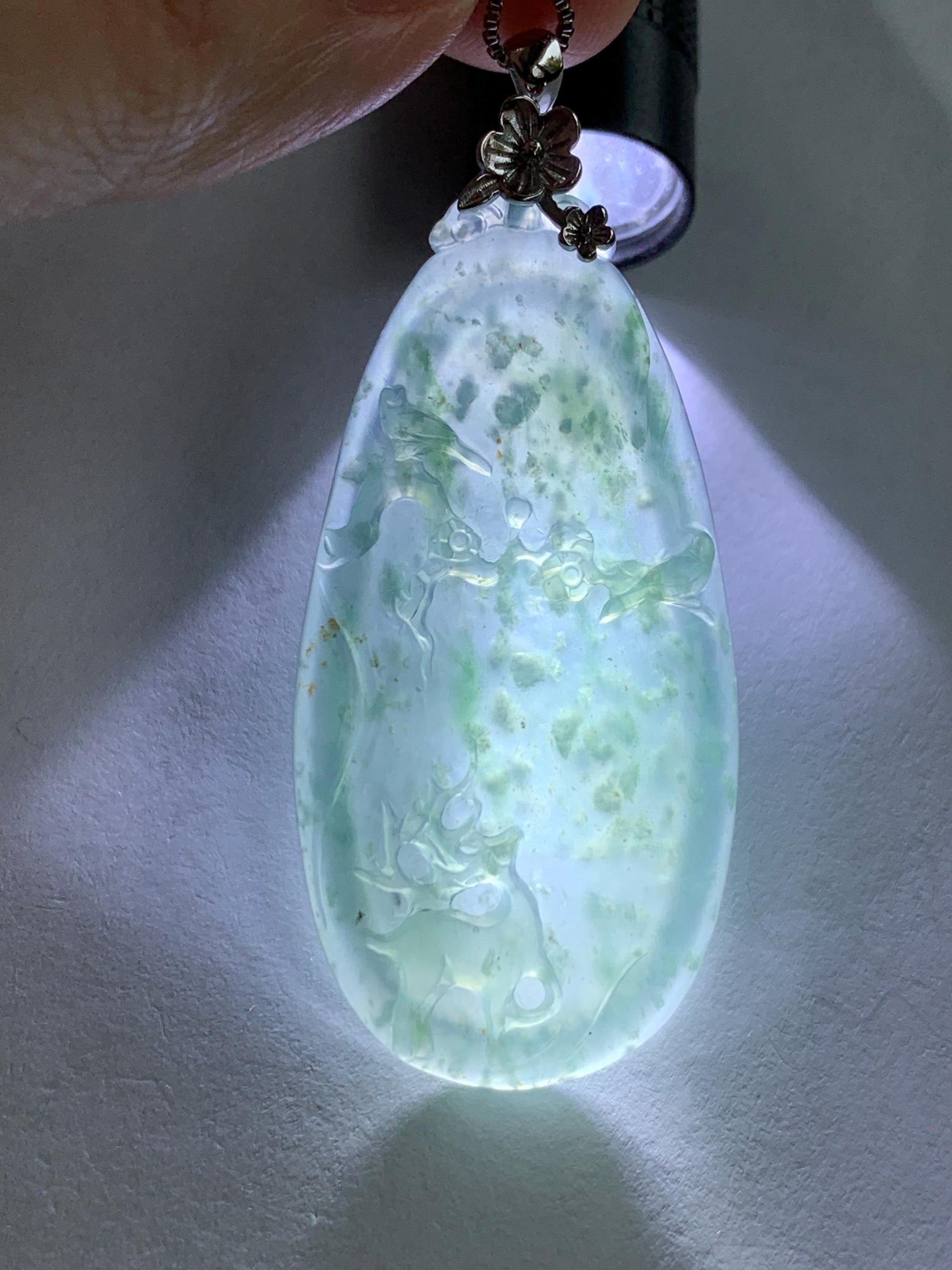 Natural Guatemalan Icy Highly Translucent Light Blue Jadeite Deer Cherry Blossom Pendant Sterling Silver Bail 11g 天然冰危淡蓝翡翠梅花鹿吊坠