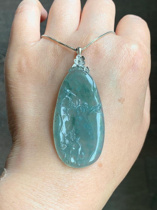 Natural Guatemalan Icy Highly Translucent Light Blue Jadeite Deer Cherry Blossom Pendant Sterling Silver Bail 11g 天然冰危淡蓝翡翠梅花鹿吊坠