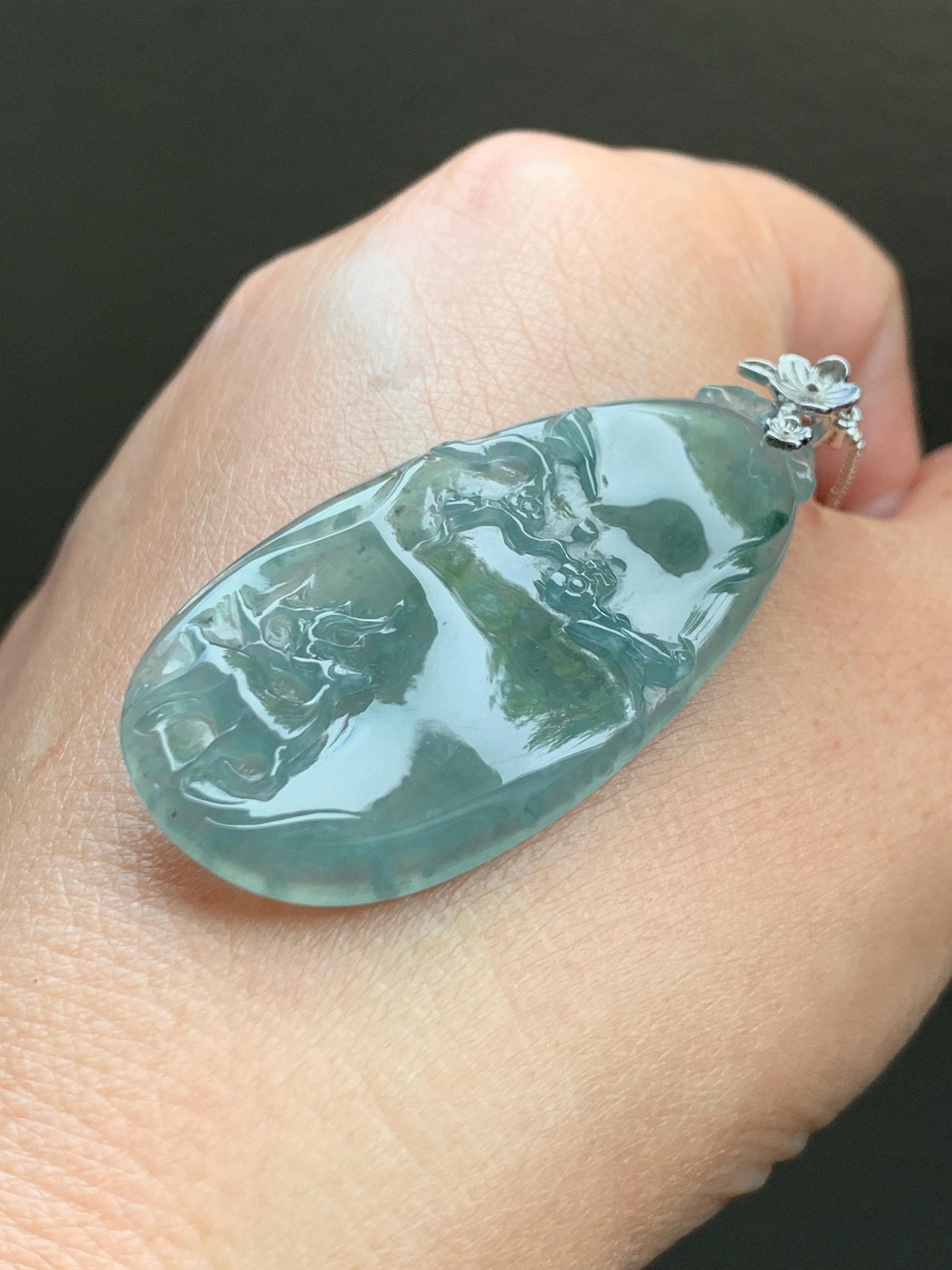 Natural Guatemalan Icy Highly Translucent Light Blue Jadeite Deer Cherry Blossom Pendant Sterling Silver Bail 11g 天然冰危淡蓝翡翠梅花鹿吊坠