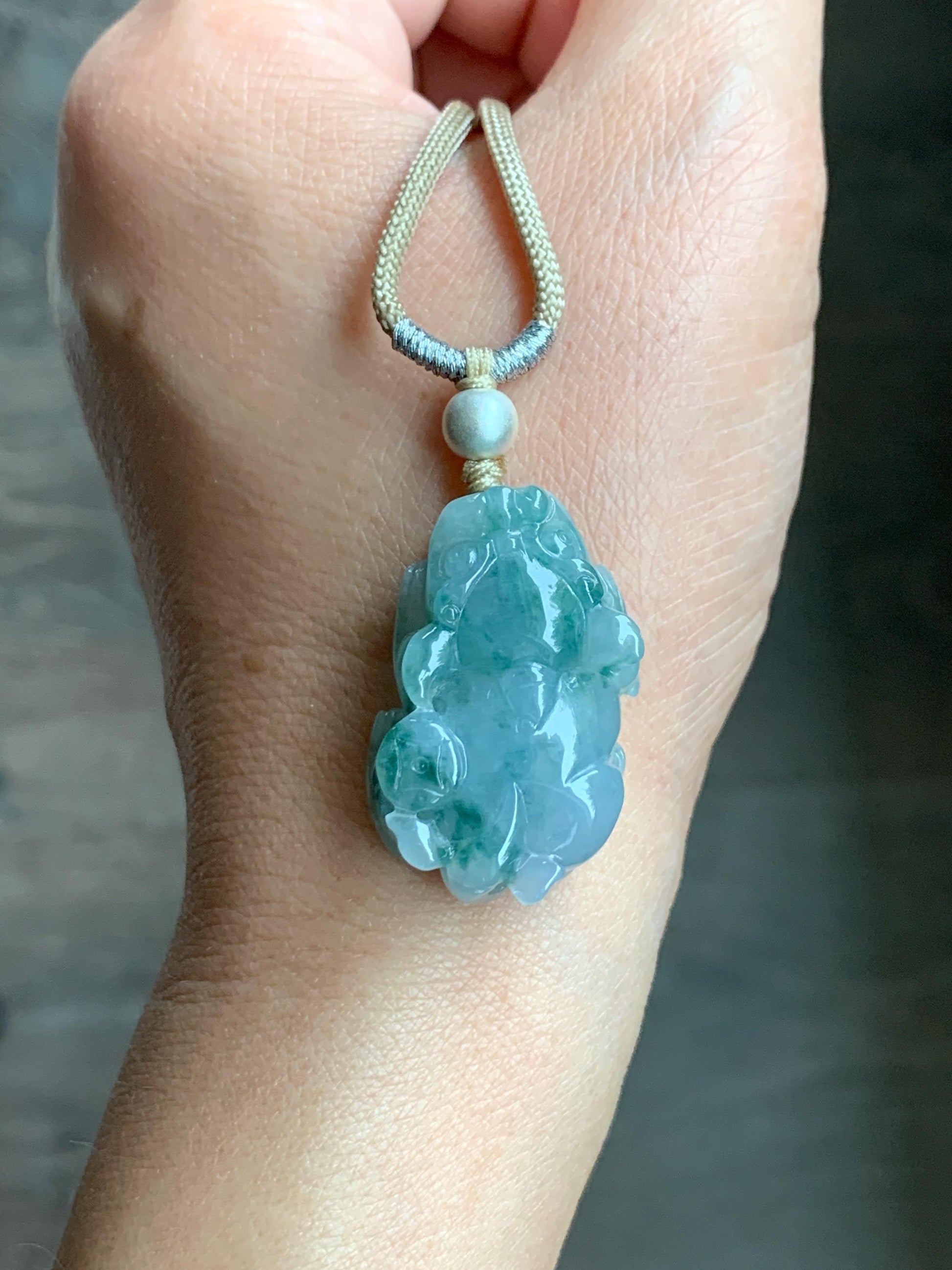 Natural Burmese Icy Translucent Gelatinous Teal Green Marbled Jadeite Pixiu Pendant Rope Necklace Sterling Silver 14g 天然缅甸冰胶飘花翡翠貔貅吊坠