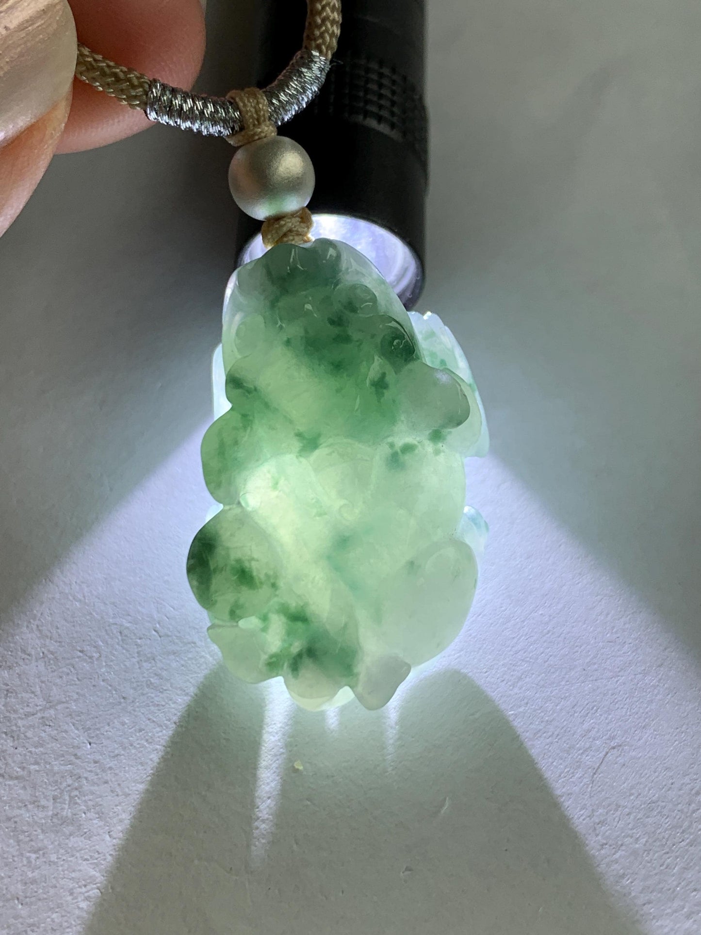 Natural Burmese Icy Translucent Gelatinous Teal Green Marbled Jadeite Pixiu Pendant Rope Necklace Sterling Silver 14g 天然缅甸冰胶飘花翡翠貔貅吊坠