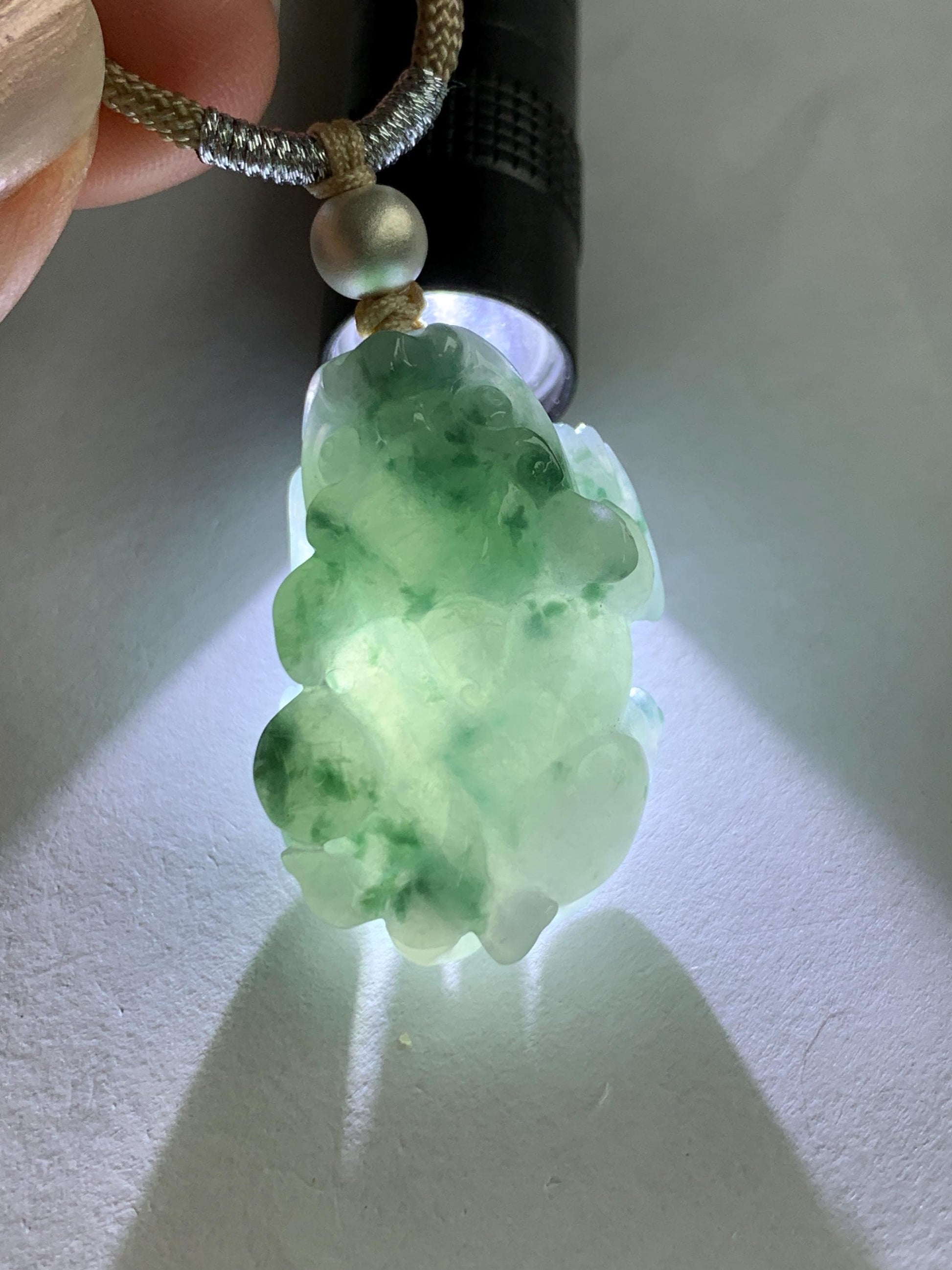 Natural Burmese Icy Translucent Gelatinous Teal Green Marbled Jadeite Pixiu Pendant Rope Necklace Sterling Silver 14g 天然缅甸冰胶飘花翡翠貔貅吊坠
