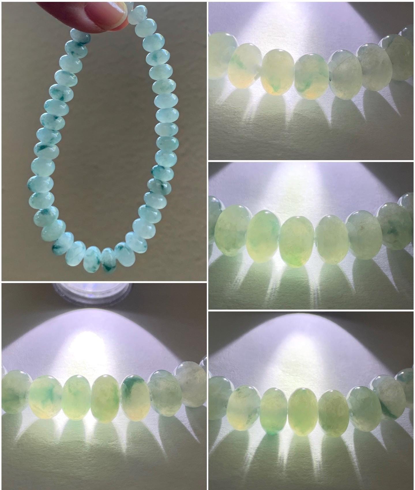 Natural Burmese Icy Highly Translucent Light Green Teal Blue Marbled Jadeite Drum Beads Beaded Bracelet 7” 19g 天然缅甸冰胶晴色飘花翡翠鼓珠手串 GPH717