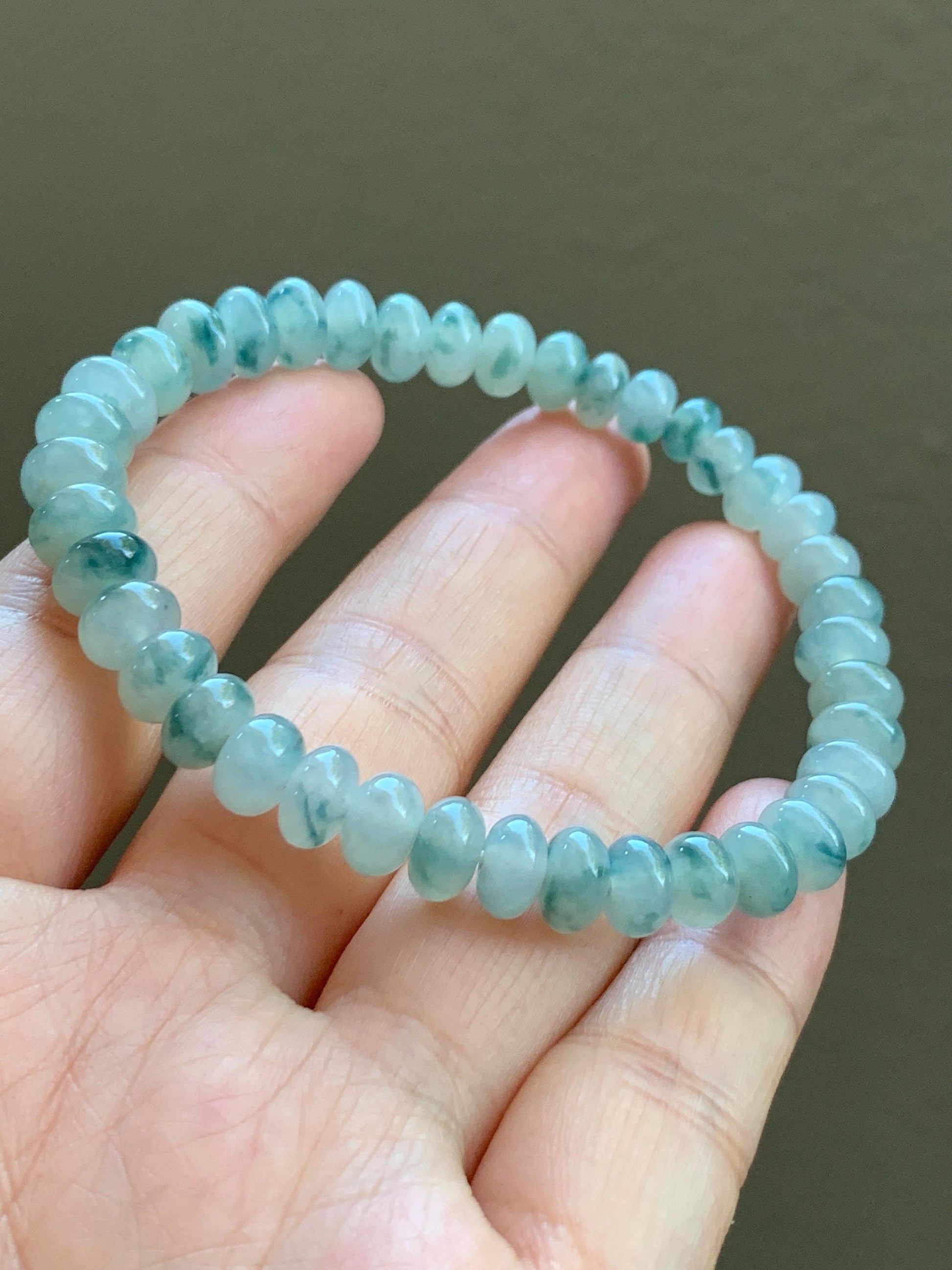 Natural Burmese Icy Highly Translucent Light Green Teal Blue Marbled Jadeite Drum Beads Beaded Bracelet 7” 19g 天然缅甸冰胶晴色飘花翡翠鼓珠手串 GPH717